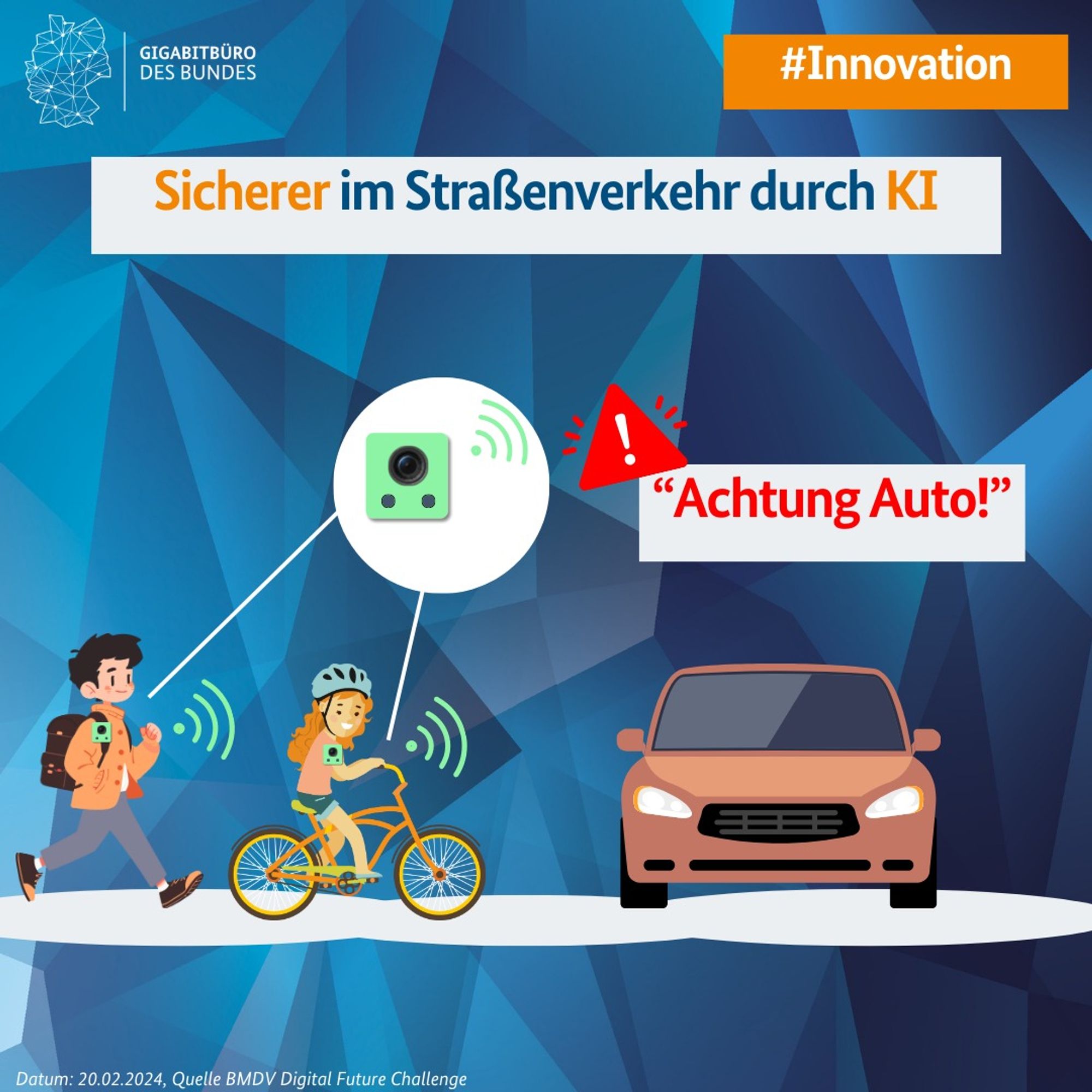 Die Grafik des Gigabitbüro des Bundes zeigt zwei Kinder, die sich auf ein Auto zu bewegen. Sie werden von einem Knopf an ihrer Jacke vor einem heranfahrenden Auto gewarnt. Der Knopf erkennt Gefahren im Straßenverkehr durch künstliche Intelligenz und sorgt für mehr Sicherheit.