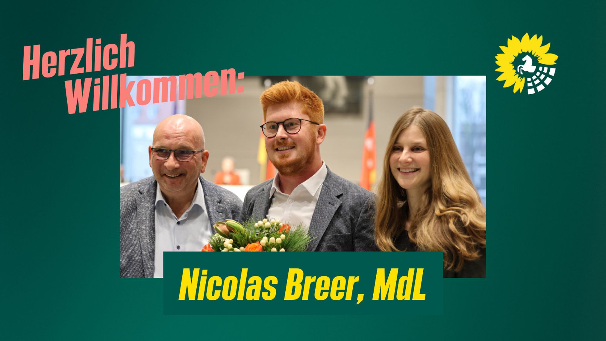 Foto von Nicolas Breer, Landtagsabgeordneter, mit den Fraktionsvorsitzenden von Bündnis 90/Die Grünen im Landtag Niedersachsen. Text: Herzlich Willkommen.