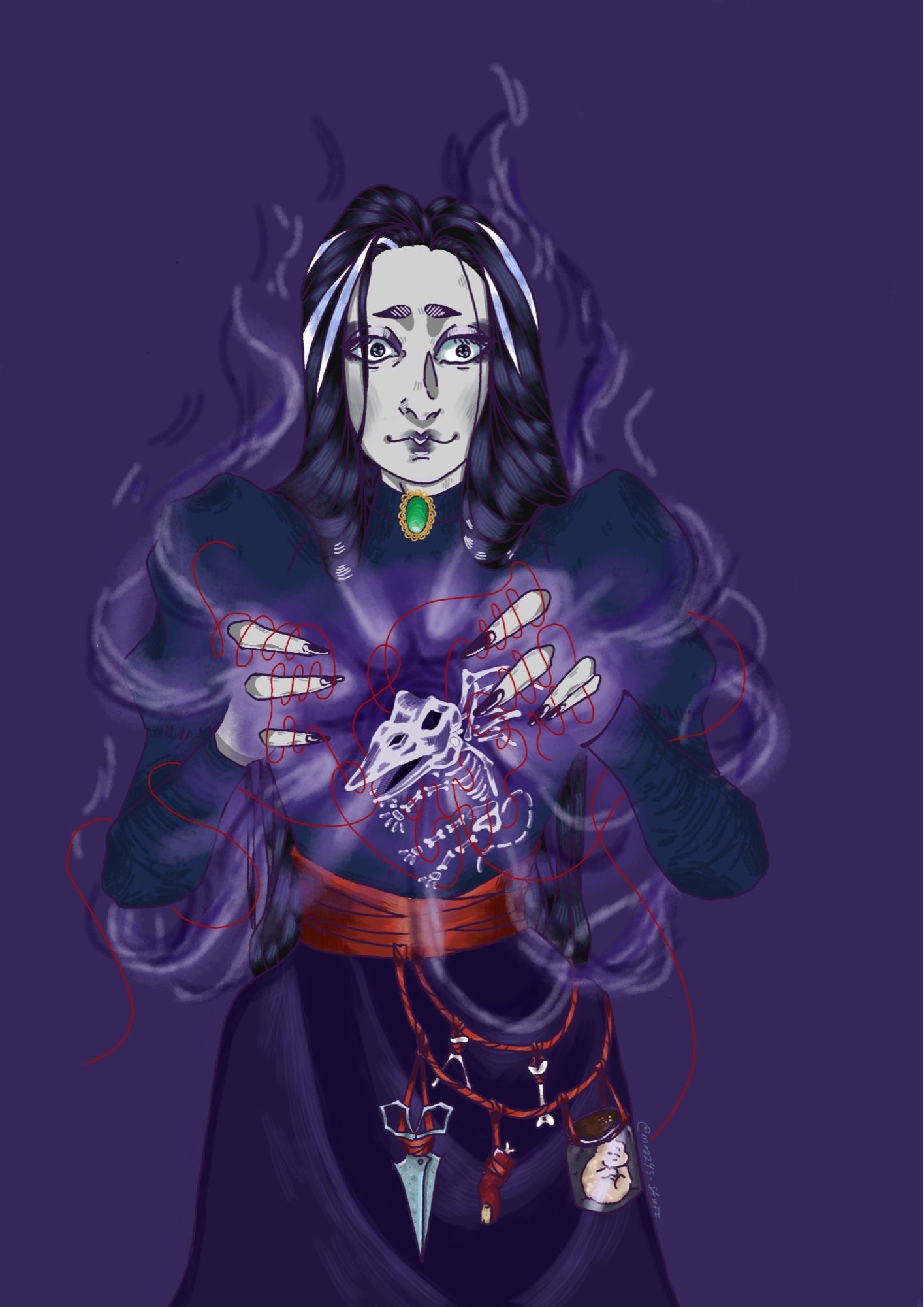 Digital painting of Laudna from Critical Role campaign 3; Bells Hells. It has a clean purple background. Laudna is standing in the centre of it, wearing a Victorian-era esque outfit consisting of a sleek dark purple skirt, a dark blue blouse with balloon shoulders, a green brooch on the collar and a red sash around her waist. From this sash hang her trinkets; old scissors, the juggernaut finger, a wishbone, another simple bone and the alien baby in a jar. Laudna is conjuring a summoning spell, white and purple smoke coiling around her hands. Red thread is intertwined with her arms and fingers. At the centre of her chest, amidst the magic, is Pate’s skeleton, a little surprised. She no longer needs to siphon off Delilah to get her powers.