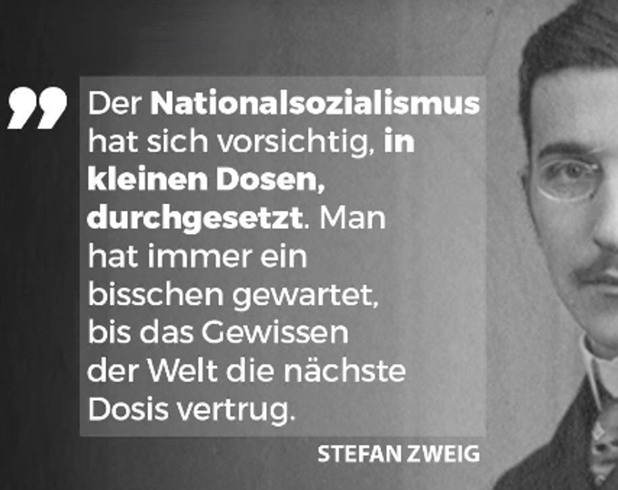 Zitatkachel mit einem Zitat von Stefan Zweig.

„Der Nationalsozialismus hat sich vorsichtig, in kleinen Dosen, durchgesetzt. Man hat immer ein bisschen gewartet, bis das Gewissen der Welt die nächste Dosis vertrug.“