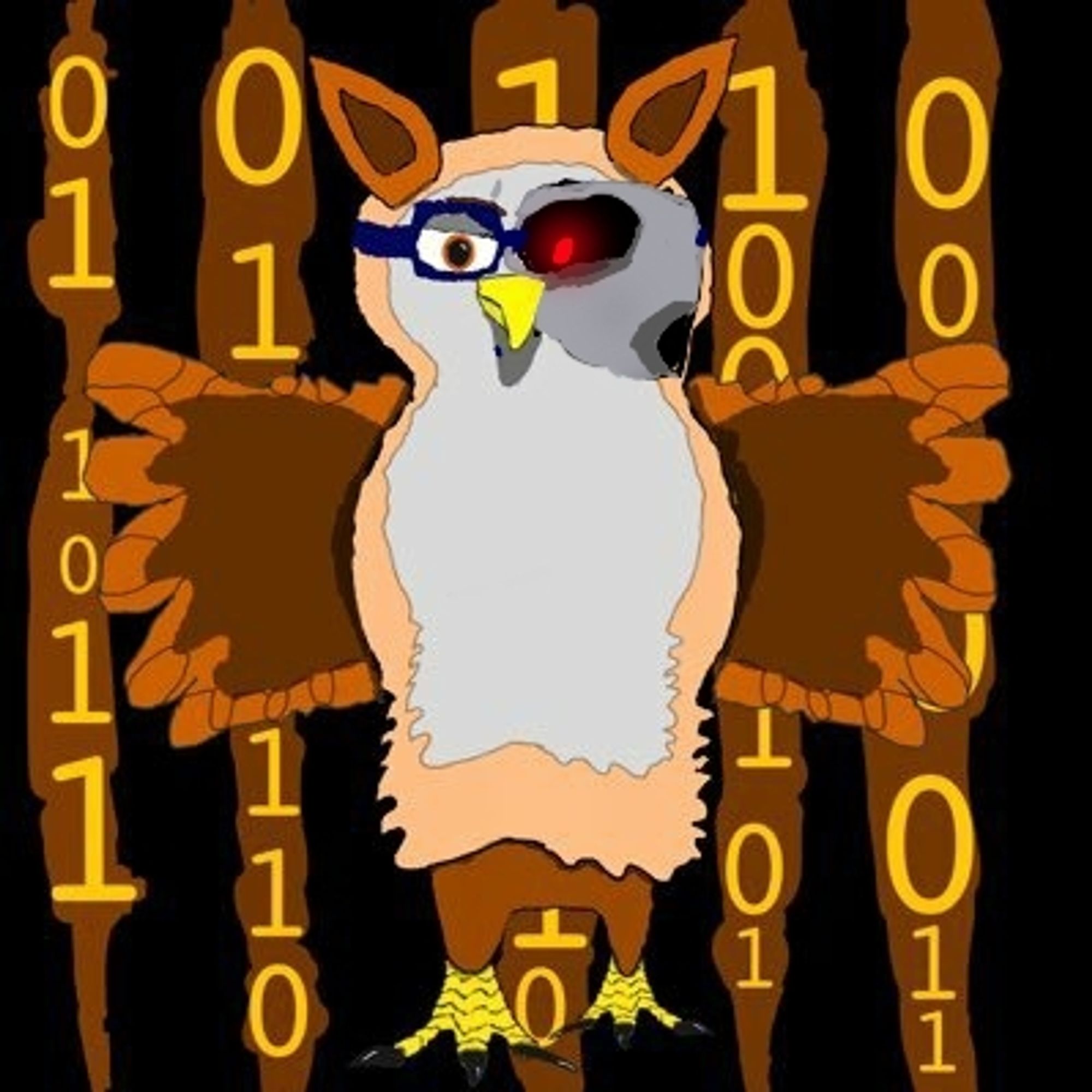 An image of the Tech Owl, a robotic owl that appears to be a Terminator. His left faces skin has been torn apart, revealing his metallic endoskeleton and his red glowing left eye.