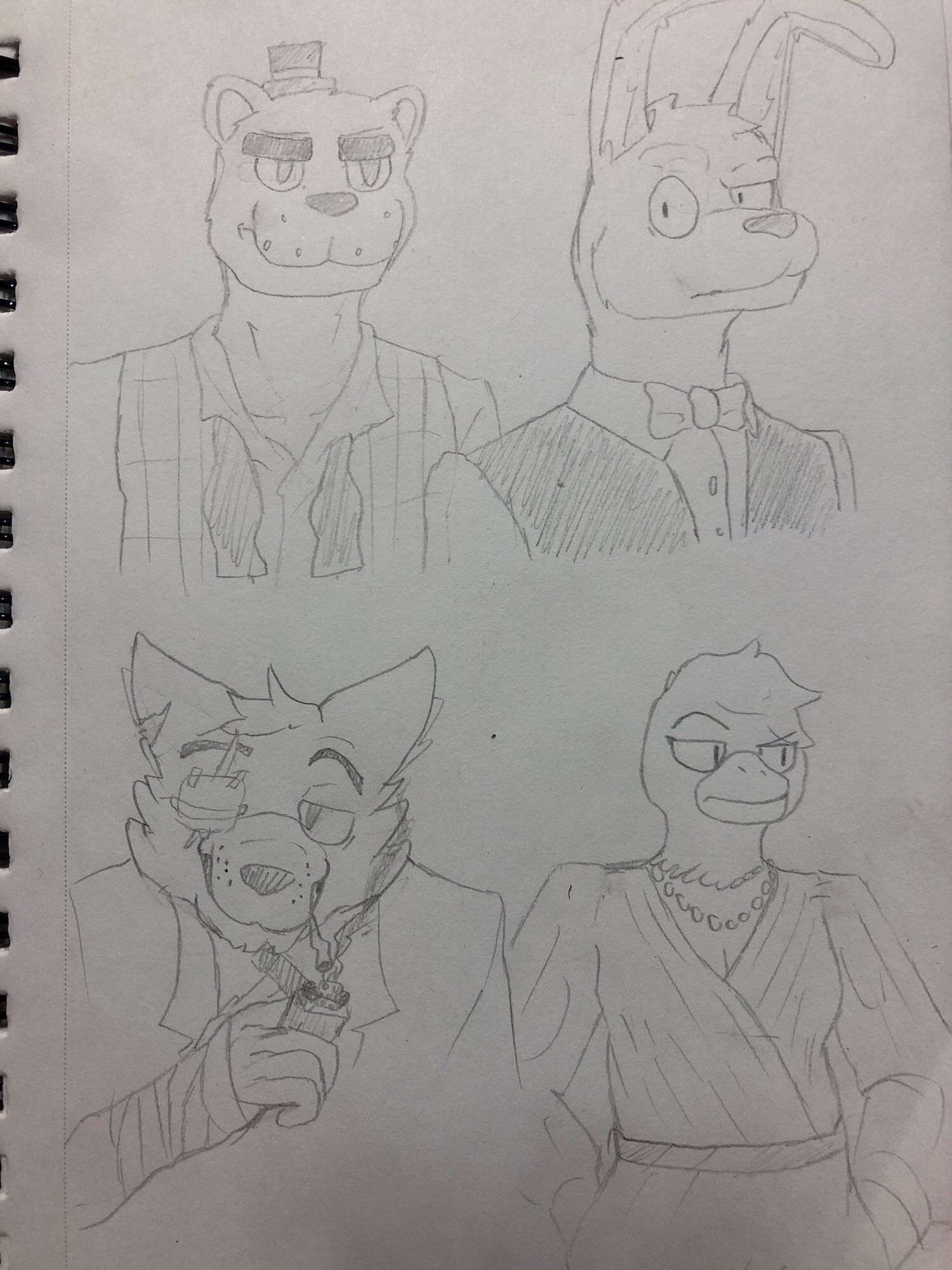 Freddy, Bonnie, Foxy, and Chica.
I kinda messed up on Freddy but oh well, messing up in art is part of learning it. Happy with the rest, especially Foxy and Chica.
They're drawn as club owners with 80s style clothes.