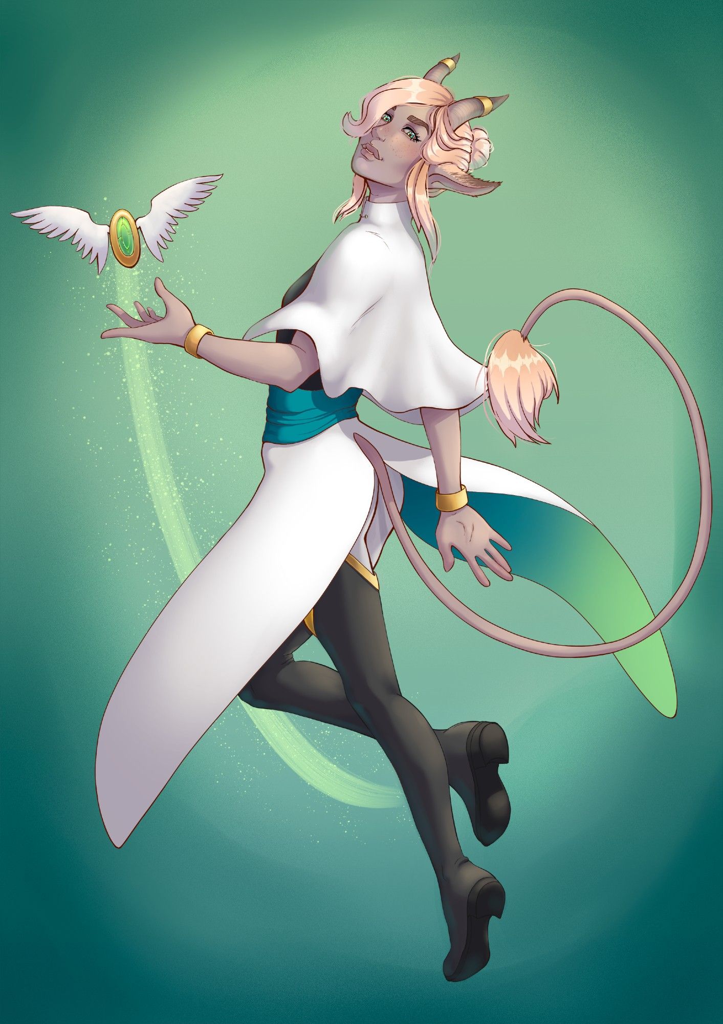 A fully rendered drawing of a blond, floating firling D&D character named Falorin. His magical pact boon amulet is flying with him, its little wings spread out.