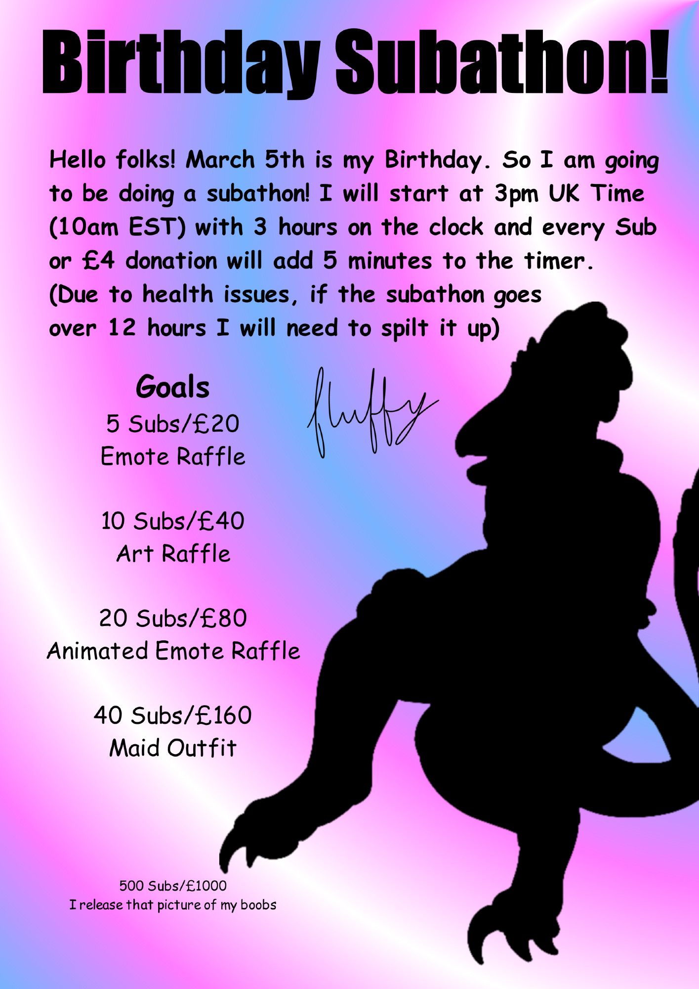 A poster with swirling trans pride colours and a silhouette of a raptor fursona. It has the title "Birthday Subathon!" and underneath "Hello folks! March 5th is my Birthday. So I am going to be doing a subathon! I will start at 3pm UK Time (10am EST) with 3 hours on the clock and every Sub or £4 donation will add 5 minutes to the timer. (Due to health issues, if the subathon goes over 12 hours I will need to spilt it up)." Under that there is a list "Goals, 5 Subs/£20 - Emote Raffle,10 Subs/£40 -Art Raffle, 20 Subs/£80 - Animated Emote Raffle, 40 Subs/£160 - Maid Outfit" then in smaller text "500 Subs/£1000 - I release that picture of my boobs."