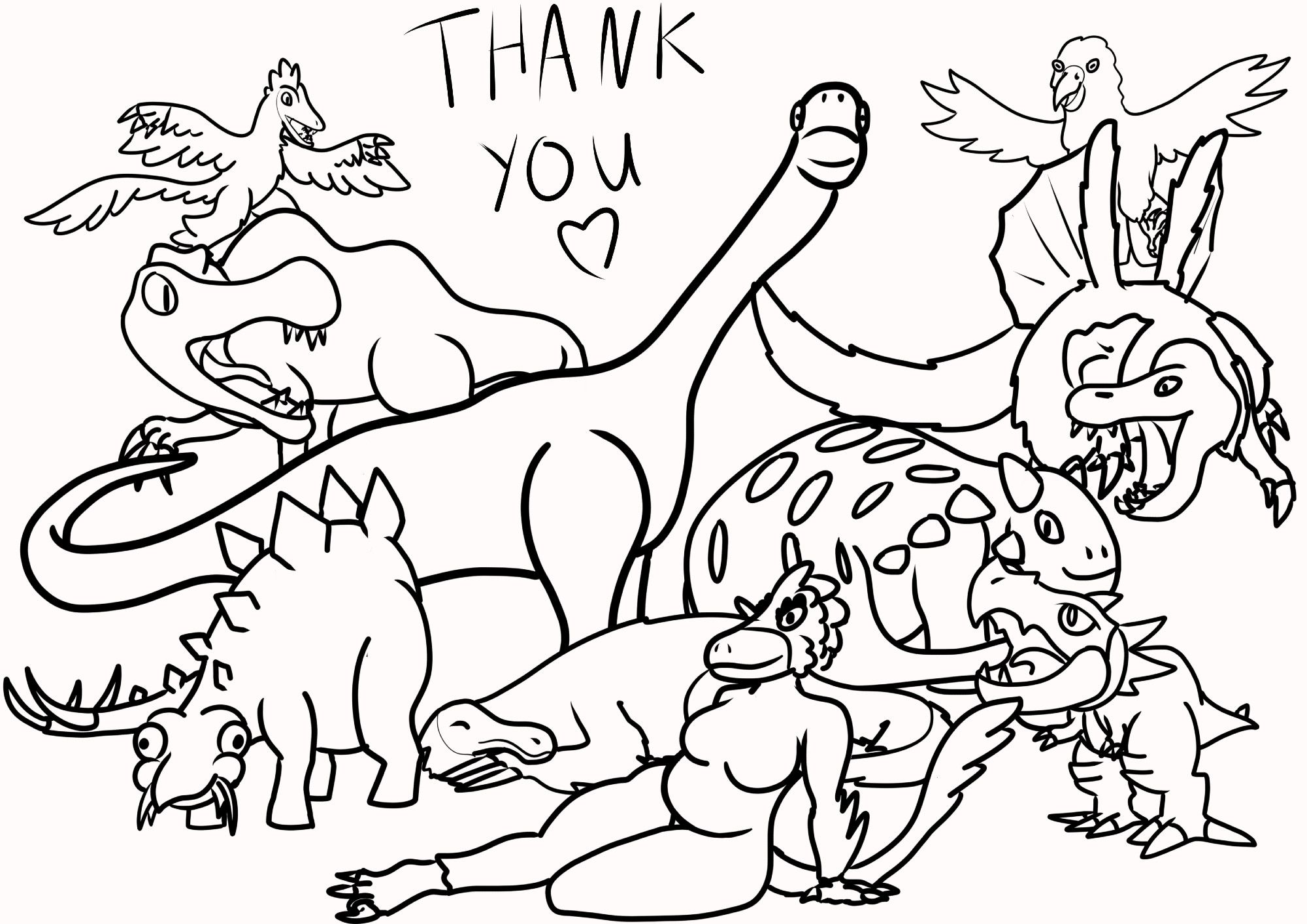 A line drawing in a cartoony style depicting a group of dinosaurs and adjacent creatures. In the front sits Fluffy, an athropomorphic velociraptor, behind her is a sleeping therizinosaurus flanked left by a stegasaurus and on the right by the pokemon tyrunt. Behind them is an anklyosaurus and brachiosaurus and behind them is a spinosaurus and an anjanath from Monster Hunter. Flying in the back is a kea bird and a microraptor.