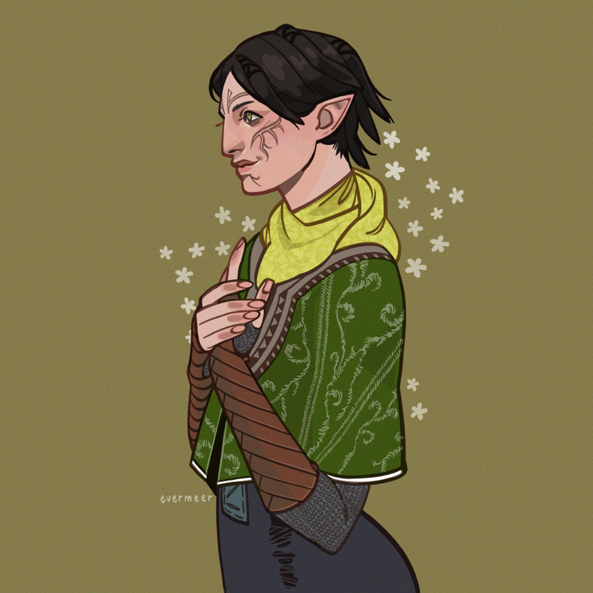 A portrait of Merrill, an elf character from the Dragon Age series, facing left. Her hands are clasped to her chest and her expression is hopeful.