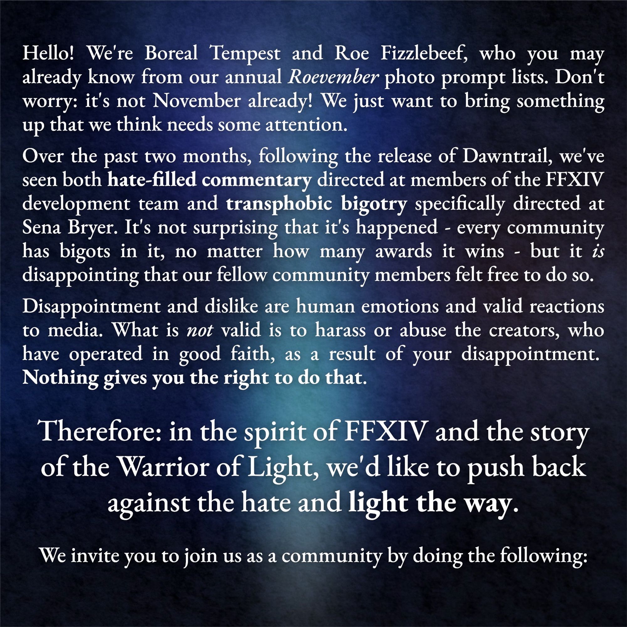 A call to action from me and my friend Red to push back against bigotry and hate in the FFXIV community.