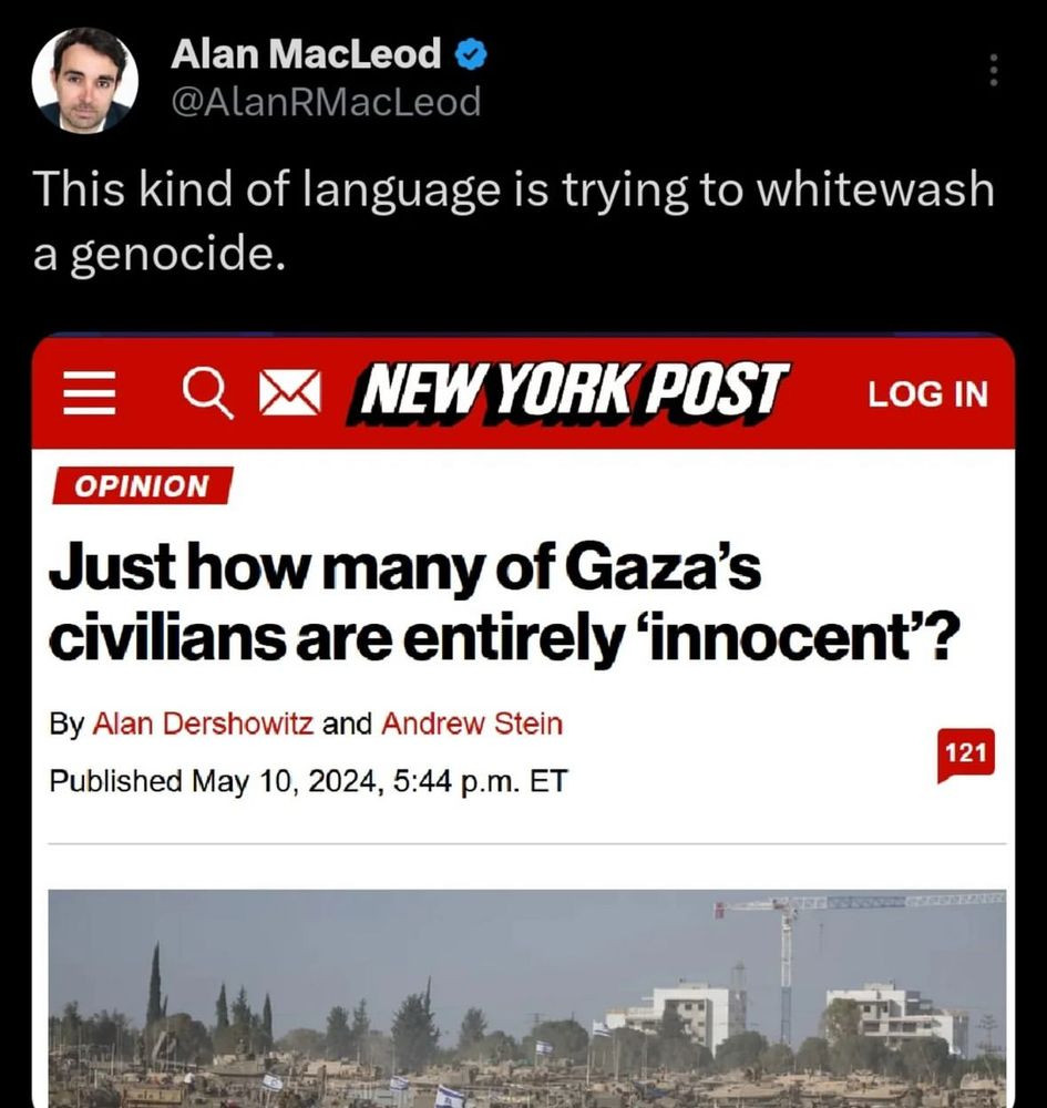 New York Post headline: Just how many of Gaza's civilians are entirely "innocent", on an article by Alan Dershowitz and Andrew Stein