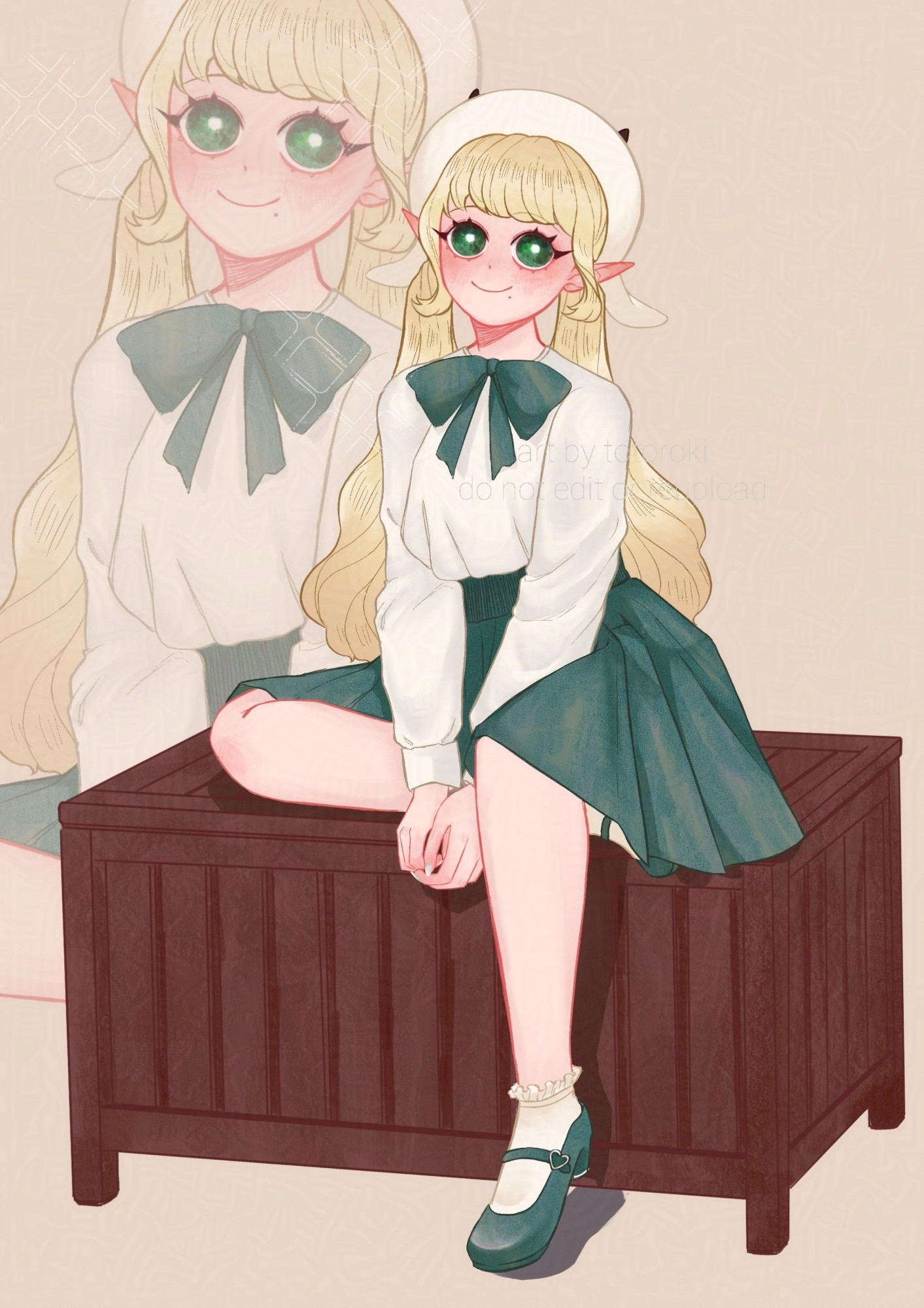 Illustration of a light white skinned elf woman with green eyes and pointed ears sitting on a wooden box and smiling at the viewer. One leg is on top of the box horizontally while the other hangs down vertically. She has long light blonde hair tied into two low twin tails and is wearing a creme colored beret on her hat. The beret has tiny little horns and sheep ears. She is wearing a white blouse tucked into a green skirt. A green bow adorns her blouse. 
She is wearing mary jane shoes with a single strap in the same colour as her skirt and bow.