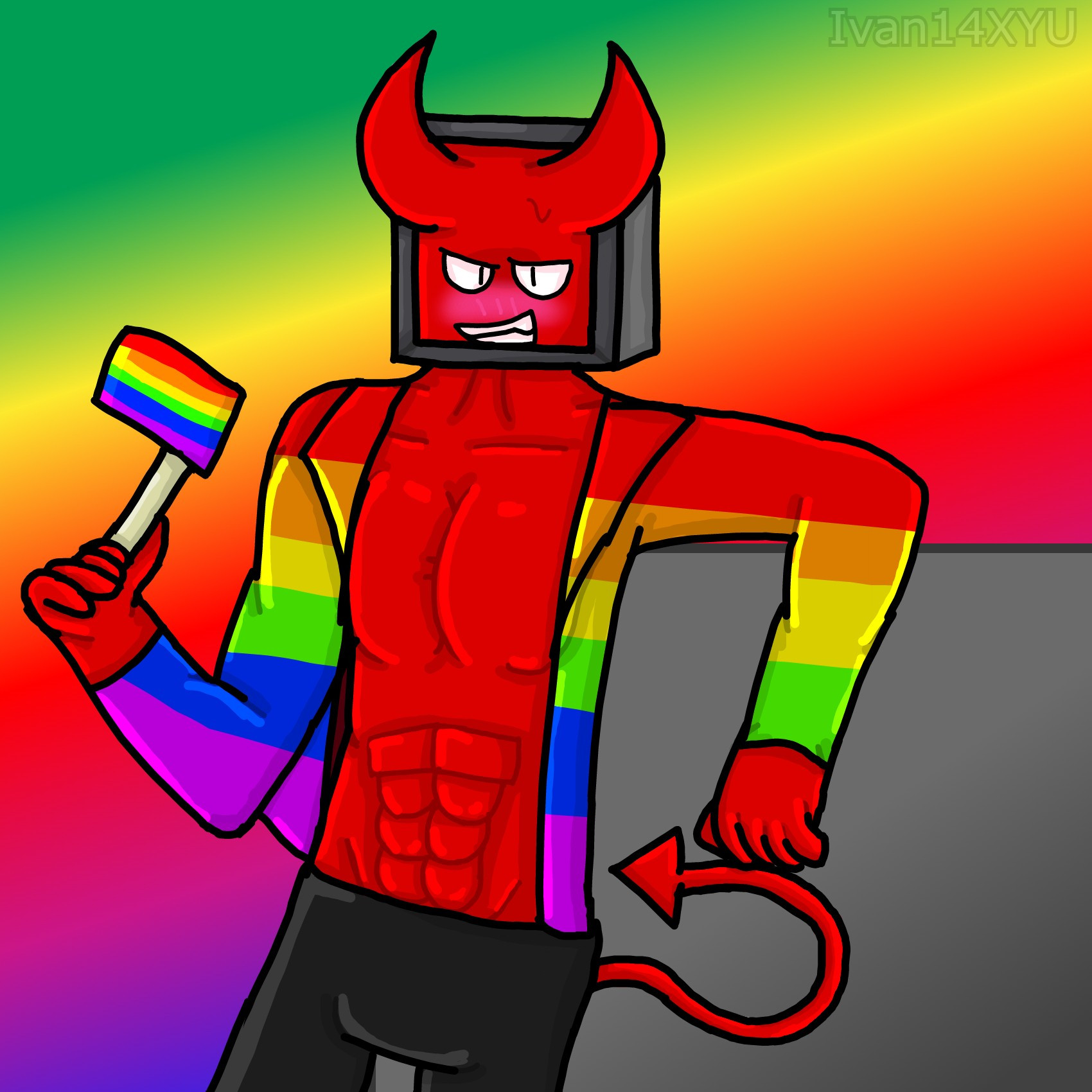 Halfbody drawing of Chris (a red muscular demon with a tv for a head, wearing pants and only an open rainbow jacket that shows their body), having sweat and blushing with a nervous expression, laying against a block holding a gay pride flag on their right hand.