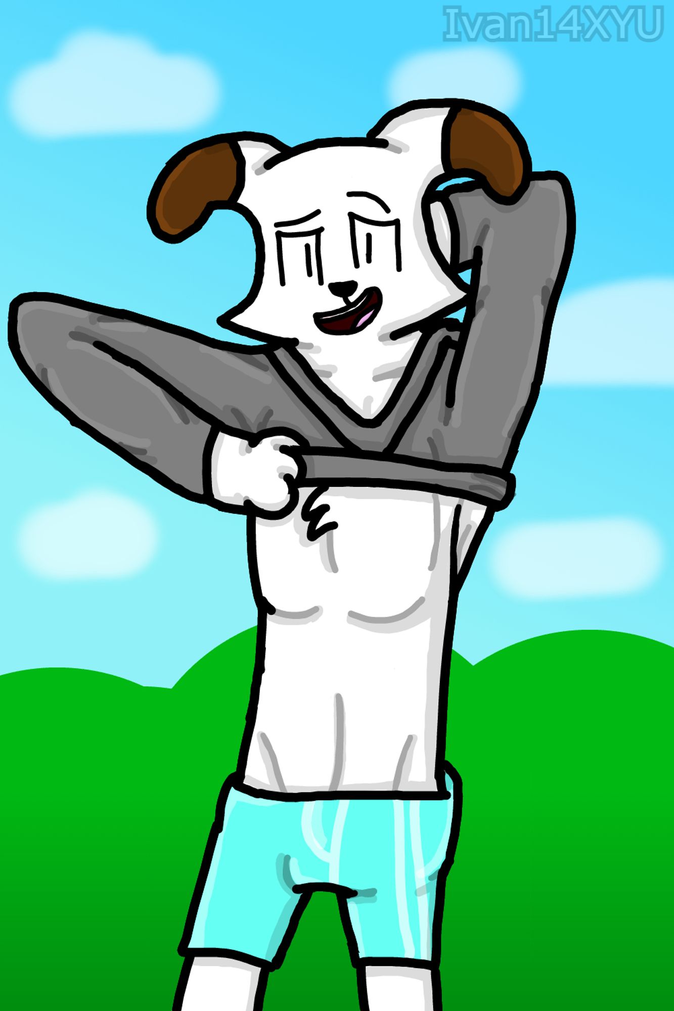 Jack standing on a field with one arm behind him and another lifting his grey sweater to show off his body, wearing his blue gym shorts.
(This is his canon body type)