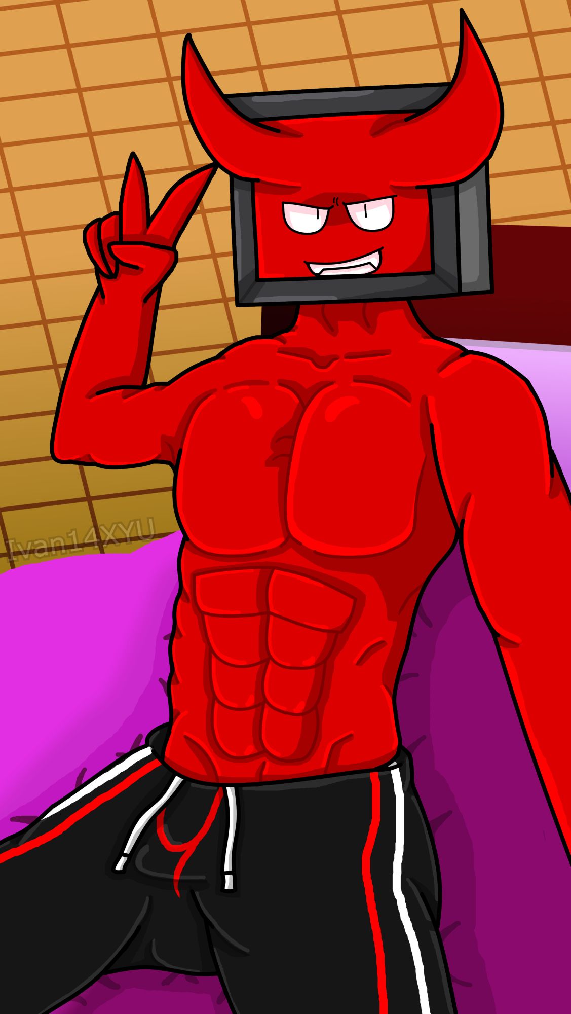 Chris taking a selfie, he has a smug look on his face, hes wearing a black gym short with red and white stripes, hes sitting on a bed with pink sheets.