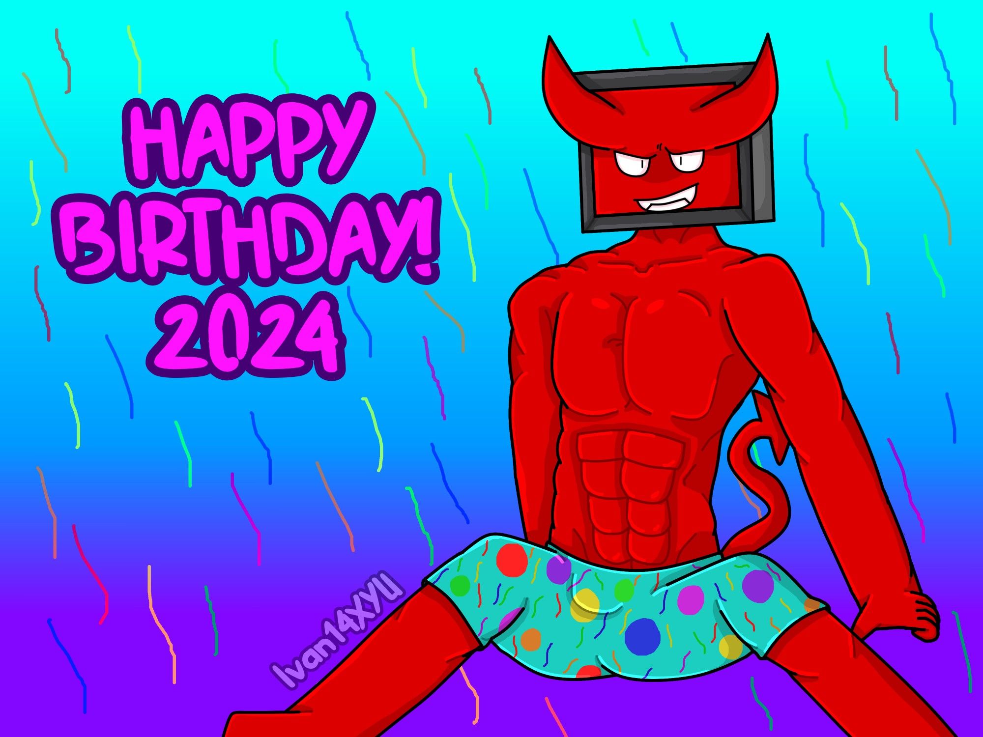 Text on the left reads "Happy Birthday! 2024"
Chris is sitting on the right, hes only wearing cyan undies with a confetti pattern on it.