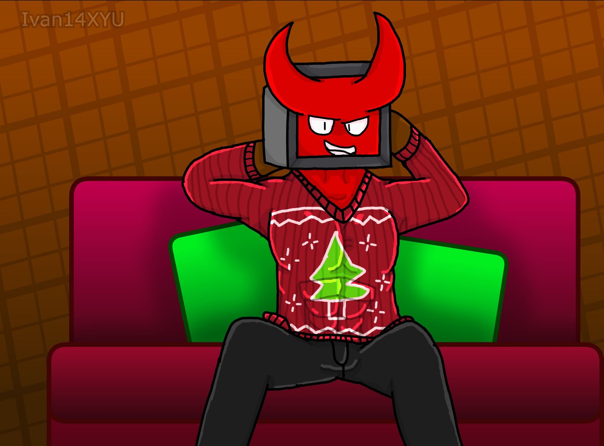 Chris sitting on a couch wearing a chrismas outfit