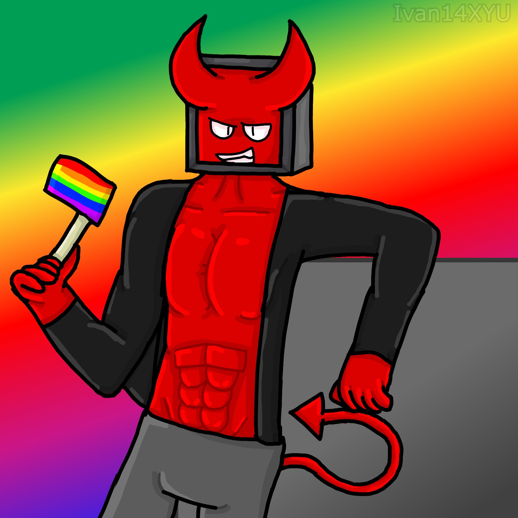 Halfbody drawing of Chris (a red muscular demon with a tv for a head, wearing shorts and only an open dark grey jacket that shows their body), having a smug expression, laying against a block holding a gay pride flag on their right hand.
Halfbody drawing of Chris (a red muscular demon with a tv for a head, wearing shorts and only an open dark grey jacket that shows their body), having a smug expression, laying against a block holding a gay pride flag on their right hand.