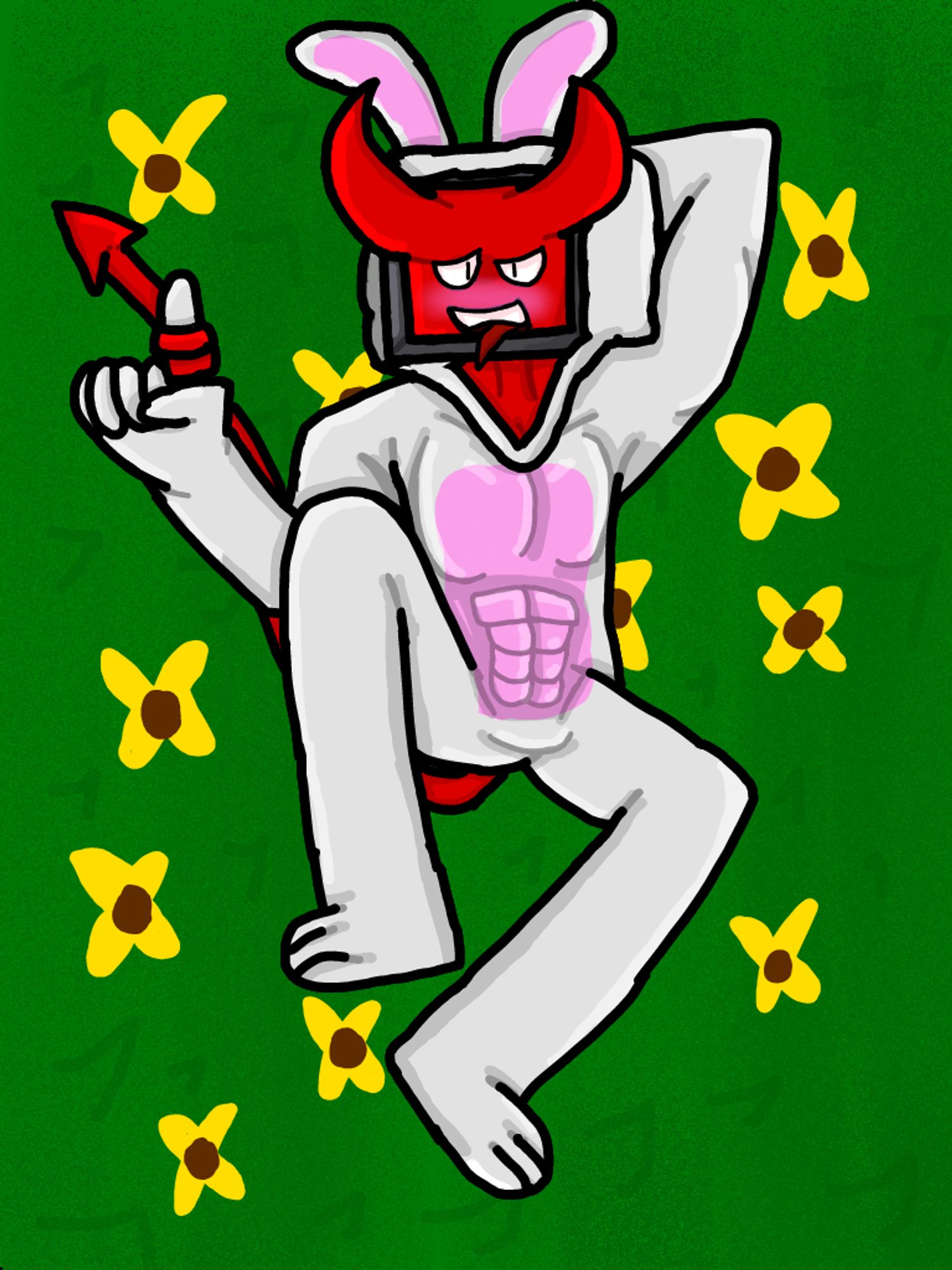 Chris blushing with his tongue out, wearing a bunny suit, laying on the grass with yellow flowers around him, left arm behind his head and his other hand wrapping his tail around his finger, one leg bending upwards and the other outwards.