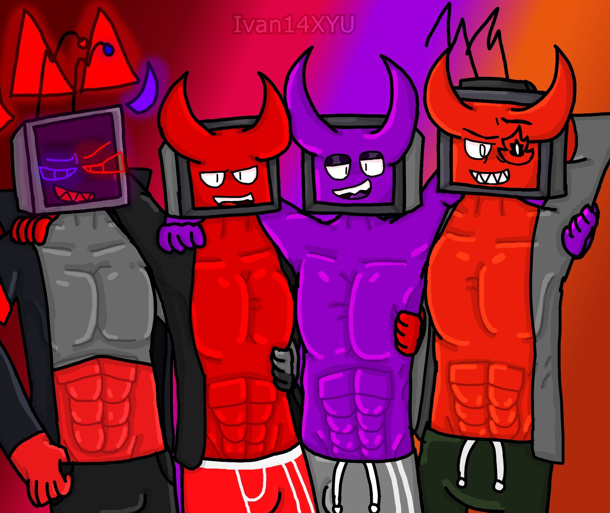 4 Tv head demons standing right next to eachother wrapping their arms around eachothers shoulder and torsos.
Characters from left to right: Zach (Grey and Red tv head  demon with a dark grey jacket and pants), Chris (Red Tv head demon with a dark grey jacket and red and white shorts), Alt Chris (Purple Tv head demon with grey sweatpants), Pyro (Orange Tv Head demon with a grey jacket dark green pants).
All of them grinning and looking cocky towards the viewer.