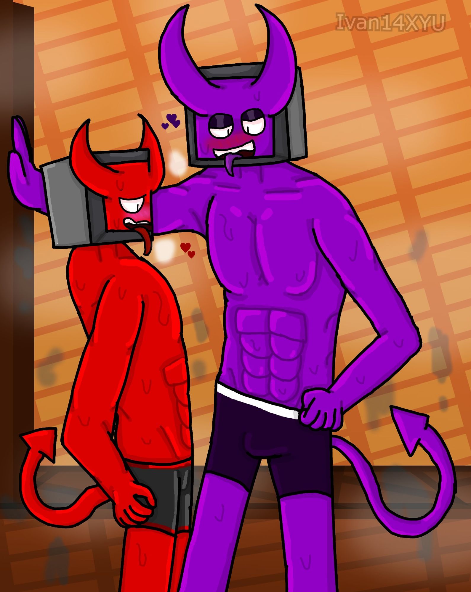 Both Chris(es) inside a sauna, Purple Chris pinning Red Chris against a wall and laying over him, looking down to Red Chris with a excited face with his tongue out, sweating all over his body, panting and blushing wearing his purple undies.
Red Chris almost against a wall, his arm slightly behind him and looking at Purple Chris from the side, has a excited look on his face, panting, blushing and sweating all over him and sweating a bit, wearing a red and grey underwear
Both of them have hearts near them, and theres steam near their mouths and all over the sauna.
Background is a wood wall and a wood bench on the floor, both with a bunch of sweat on them.