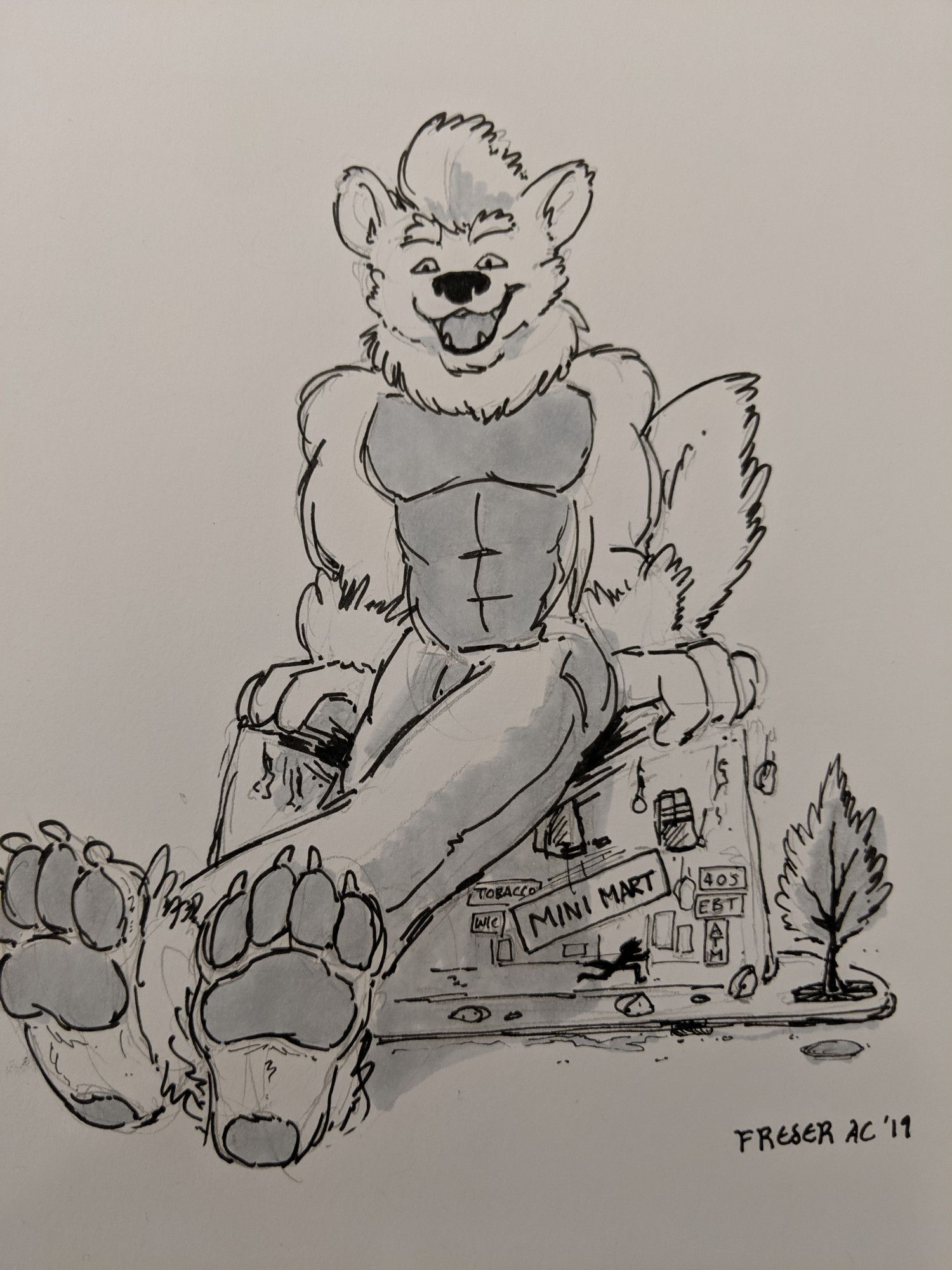 Giant anthro arcanine sitting on a mini mart and crushing it