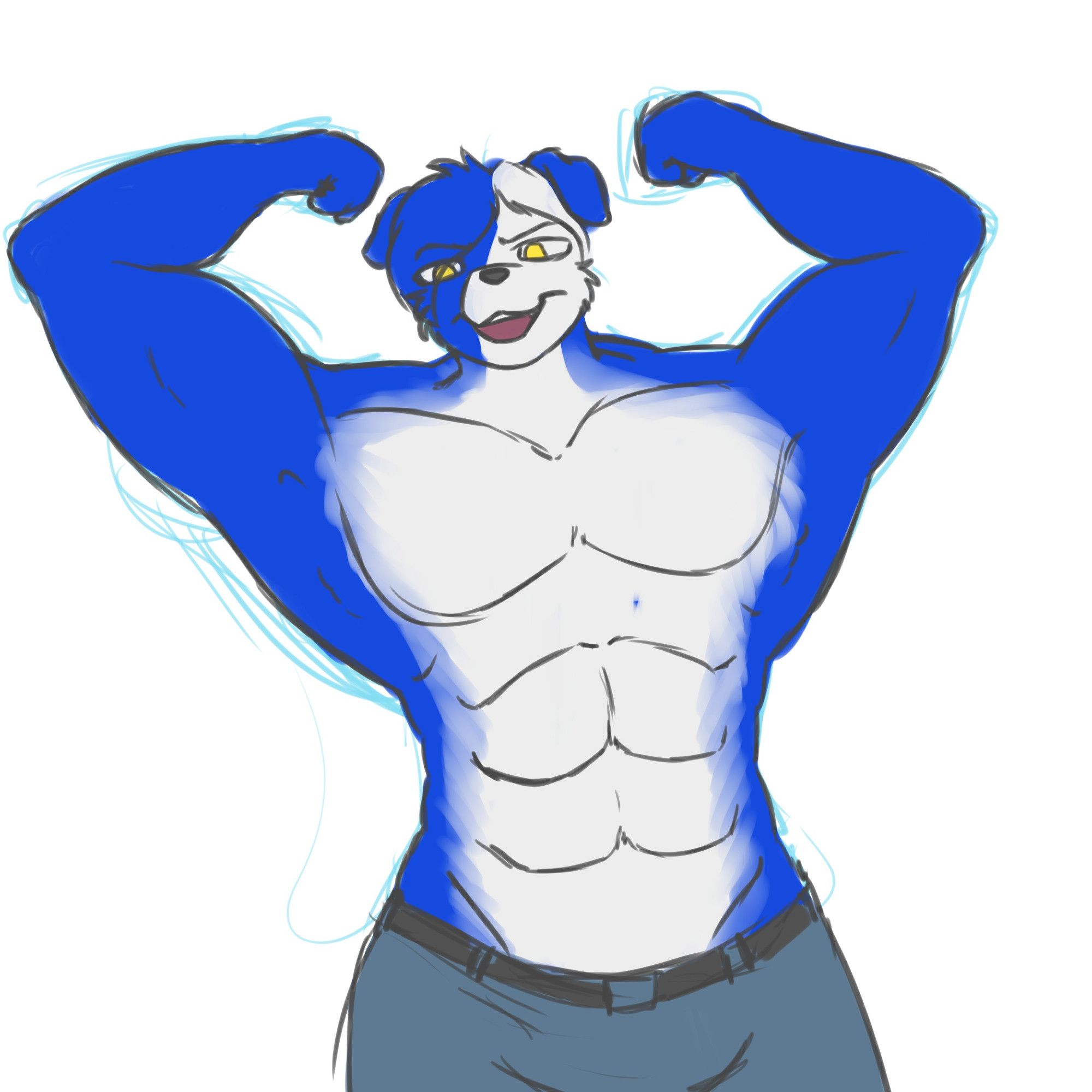 Blue and white furred anthro buff collie flexing