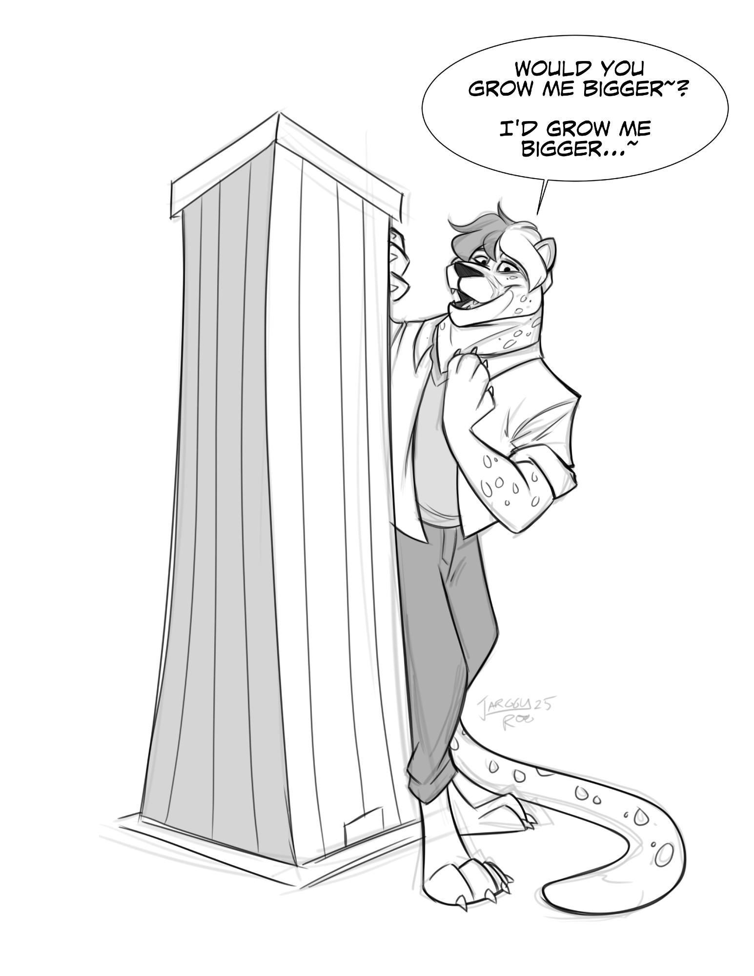 Macro anthro cheetah next to a skyscraper, just barely smaller than it, proposing to the viewer saying "Would you grow me bigger? I'd grow me bigger."