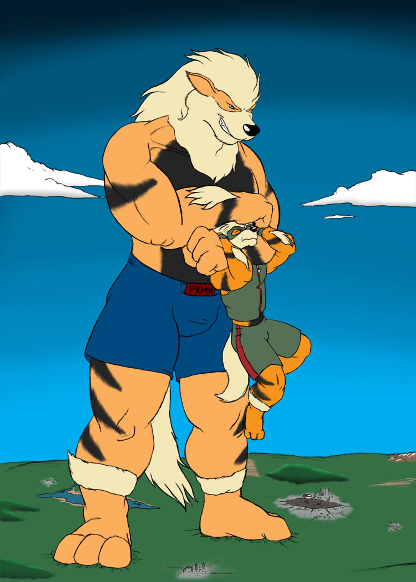 second in sequence of the muscled arcanine winning and growing twice as large as the other arcanine, putting the hero arcanine in a headlock and noogying him relentlessly