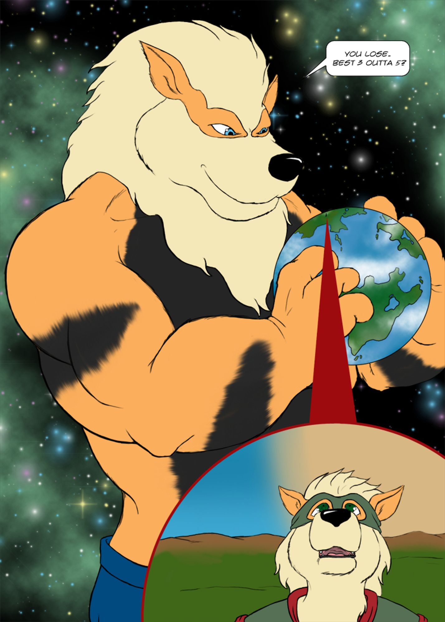 The bully arcanine now has grown so big, he can hold the earth in his hands like a basket ball, gloating down at the tiny hero arcanine who can only look up in disbelief from the earth