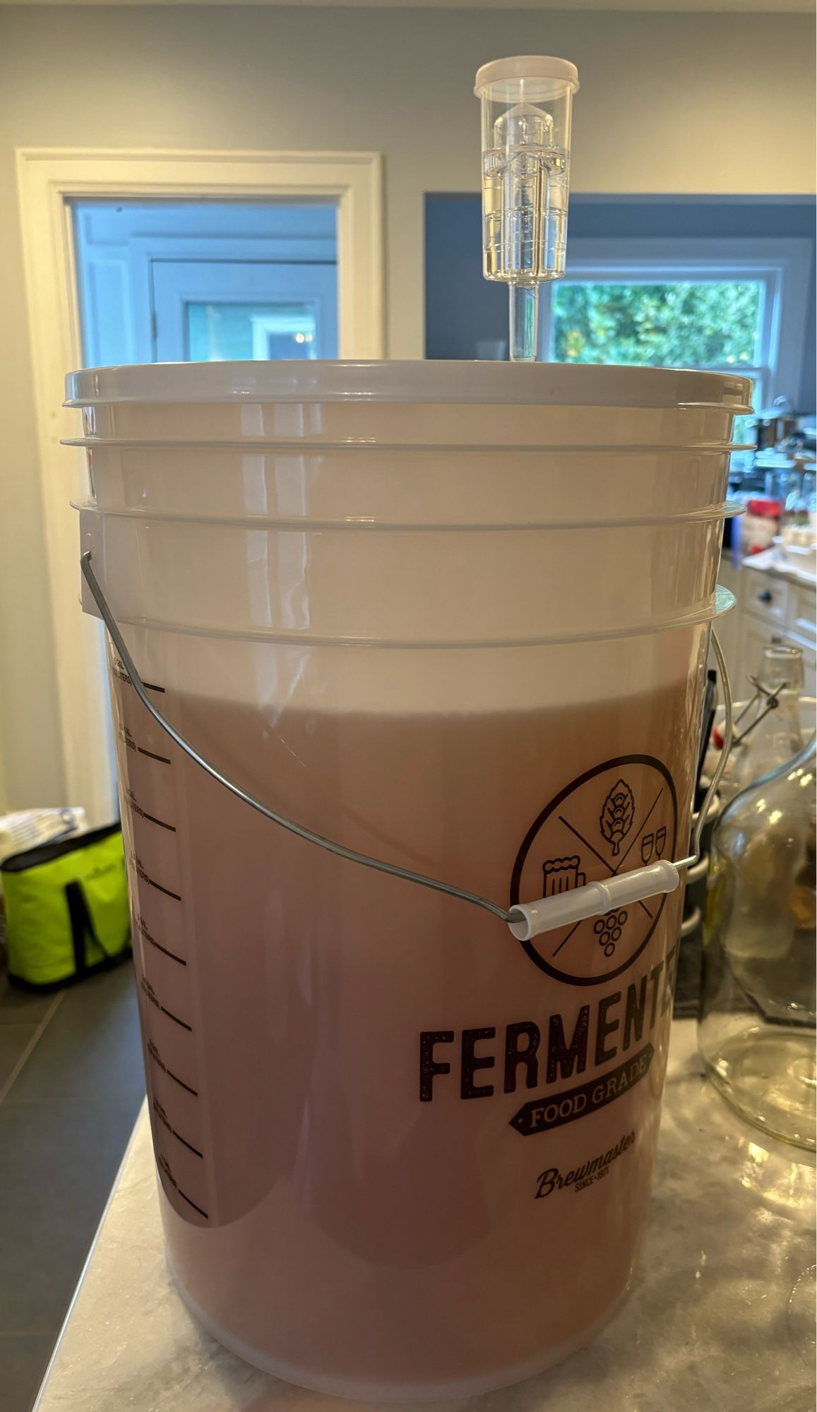 A large fermentation bucket. It’s slightly translucent, and there’s an amber liquid inside up to the 5-gallon line. There’s an airlock fitted into the lid.