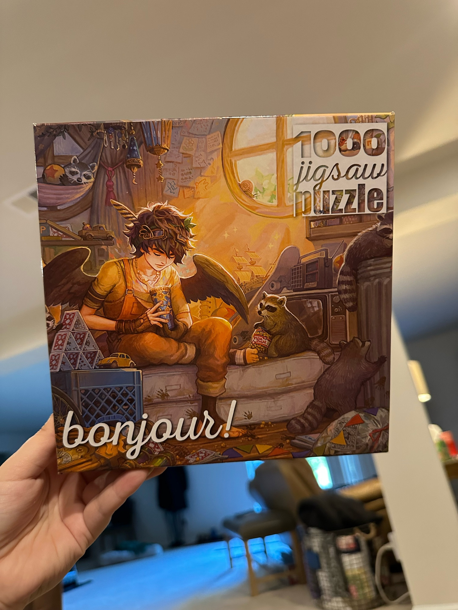 The image shows a 1000-piece jigsaw puzzle box with an illustration of a young person with wings sitting inside a cozy room. The character is surrounded by playful raccoons and objects like a toy car and stacked playing cards. There is warm sunlight streaming in from a large window, creating a pleasant, dreamy atmosphere. The word “bonjour!” is written in script at the bottom of the box.