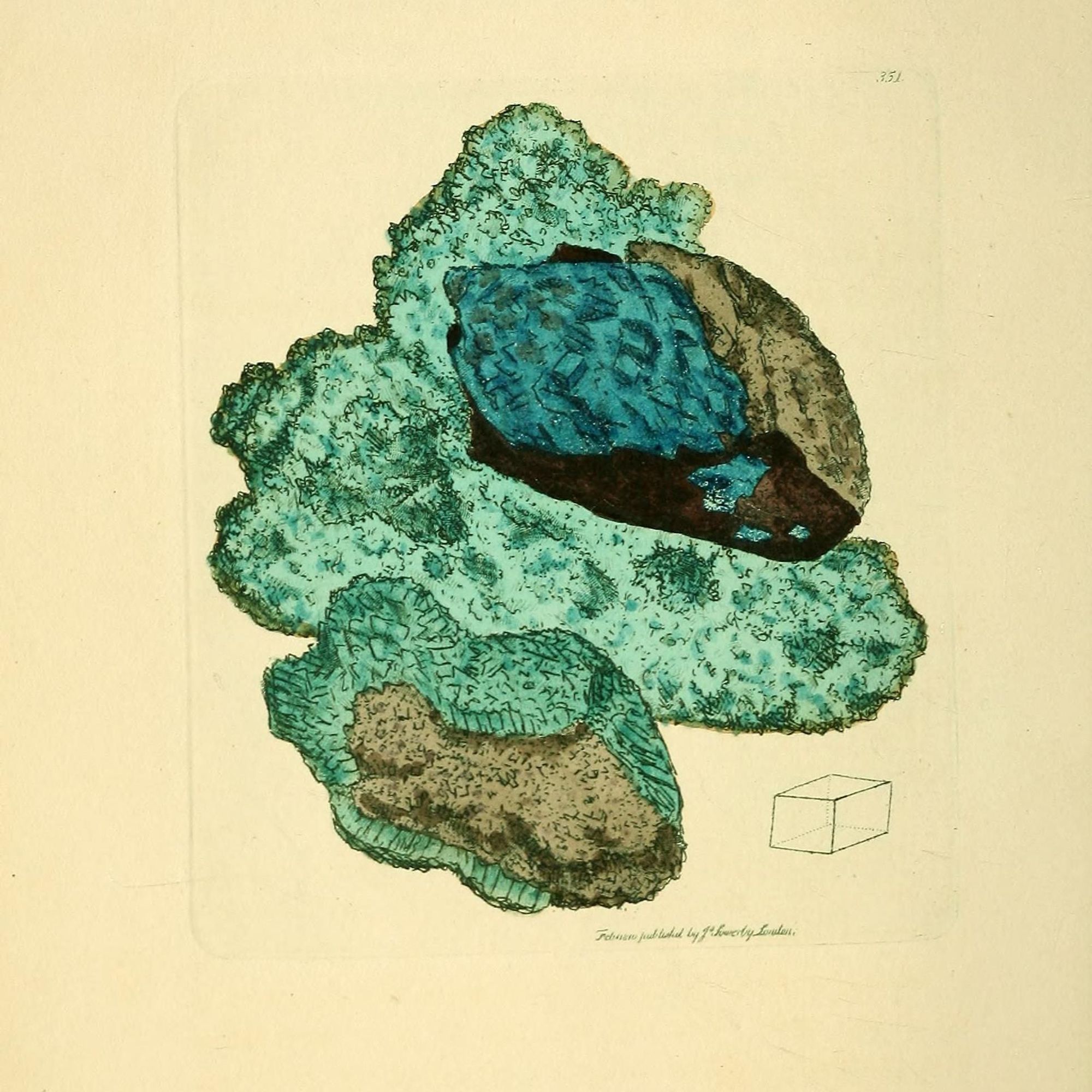 Alt text via GPT - "The image depicts a detailed, colored illustration of a rock or mineral sample, showcasing a mix of turquoise, green, and brown hues. The textured surface and variations in color suggest different mineral compositions or growth patterns. There is a small sketch of a cube in the bottom right corner, indicating crystal structure. The background is a plain, beige color."