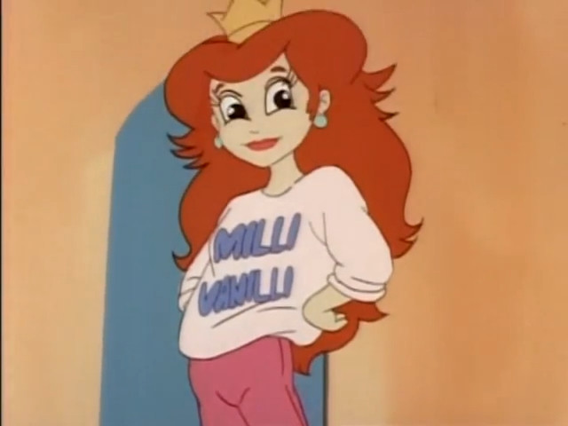 Princess Toadstool from the Adventures of Super Mario Bros. 3 cartoon wearing sweatpants and a Milli Vanilli long-sleeved shirt.  The episode was infamous as it was made to hype Milli Vanilli right around the time the act was caught using pre-recorded audio and other crowd sweetening techniques to improve their live presentation. 