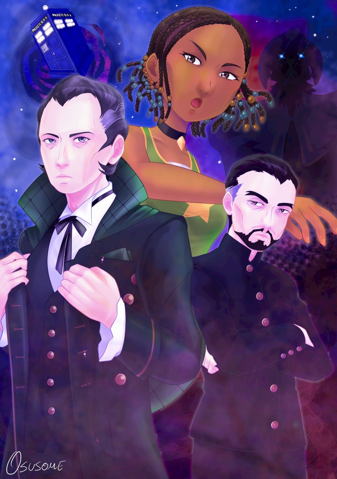 The Shalka doctor stands at the front, adjusting his coat with both hands. To the right is the Android version of the Master looking quite fed up of the Doctor next to him. Above both of them is Allison looking ready for action. To the right of her is the Shalka Prime cloaked in shadow and to the left of her is the TARDIS traveling through the vortex.