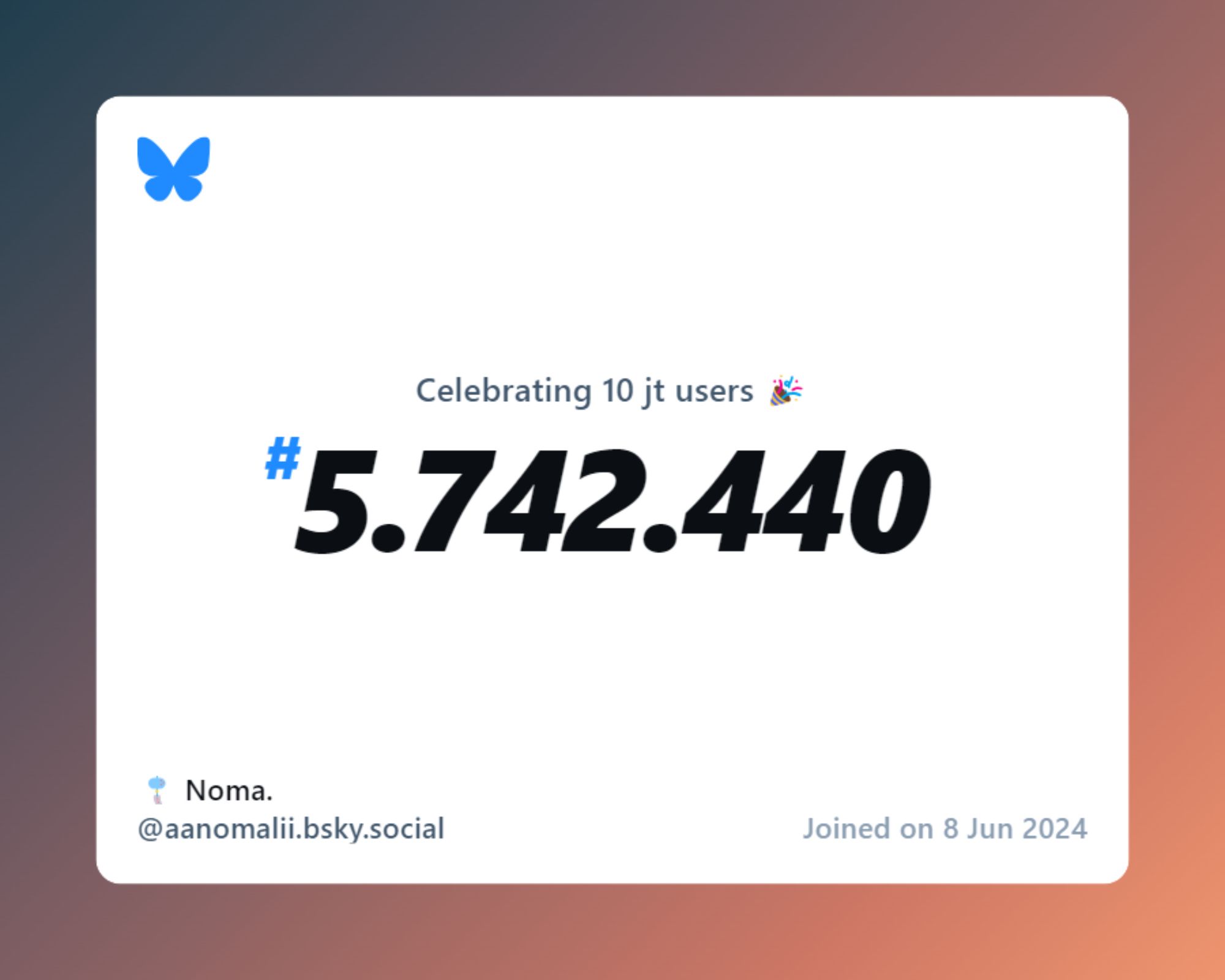 A virtual certificate with text "Celebrating 10M users on Bluesky, #5.742.440, 🎐 Noma. ‪@aanomalii.bsky.social‬, joined on 8 Jun 2024"