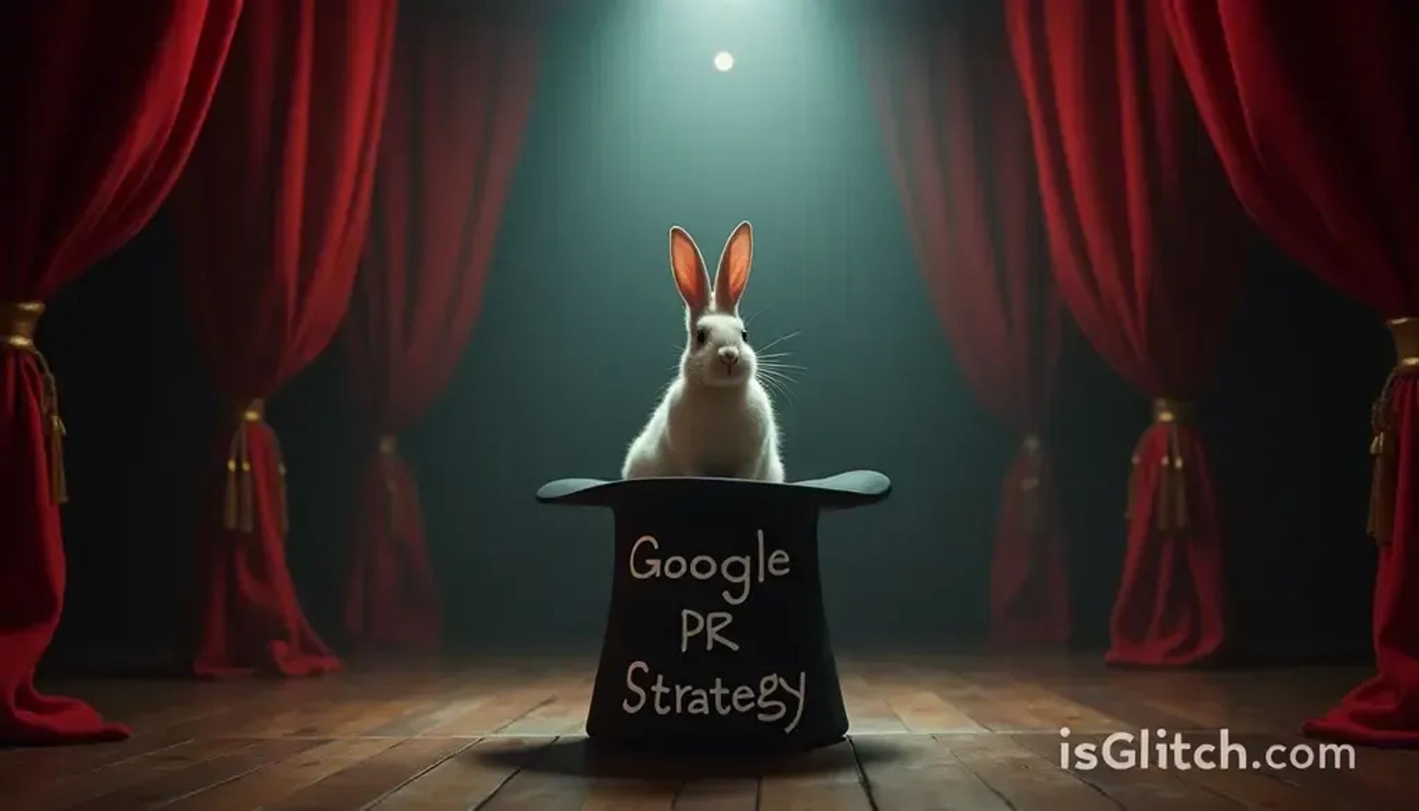 A magician pulling a rabbit out of a hat labeled "Google PR Strategy", stage background