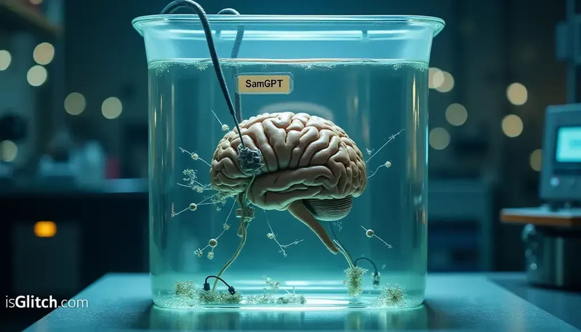 A brain connected to wires and circuitry in a large transparent high tech container of liquid, labratory background