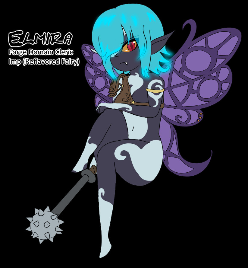 Elmira's based on Midna from Twilight Princess and a bit of the fairies from Hyrule Warriors. Outcast from hell for being too into holy weapons.