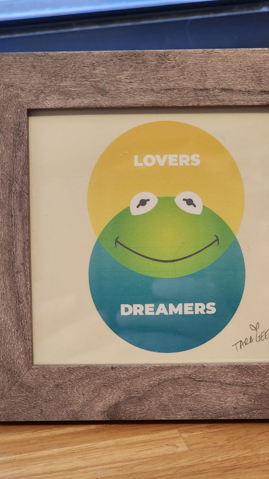 A picture of a venn diagram in a wood frame.

The venn diagram is two circles vertically arranged with one on top of the other. The top circle says "Lovers." The bottom circle says "Dreamers." The overlapping section in the middle is a drawing of Kermit the Frog's face.