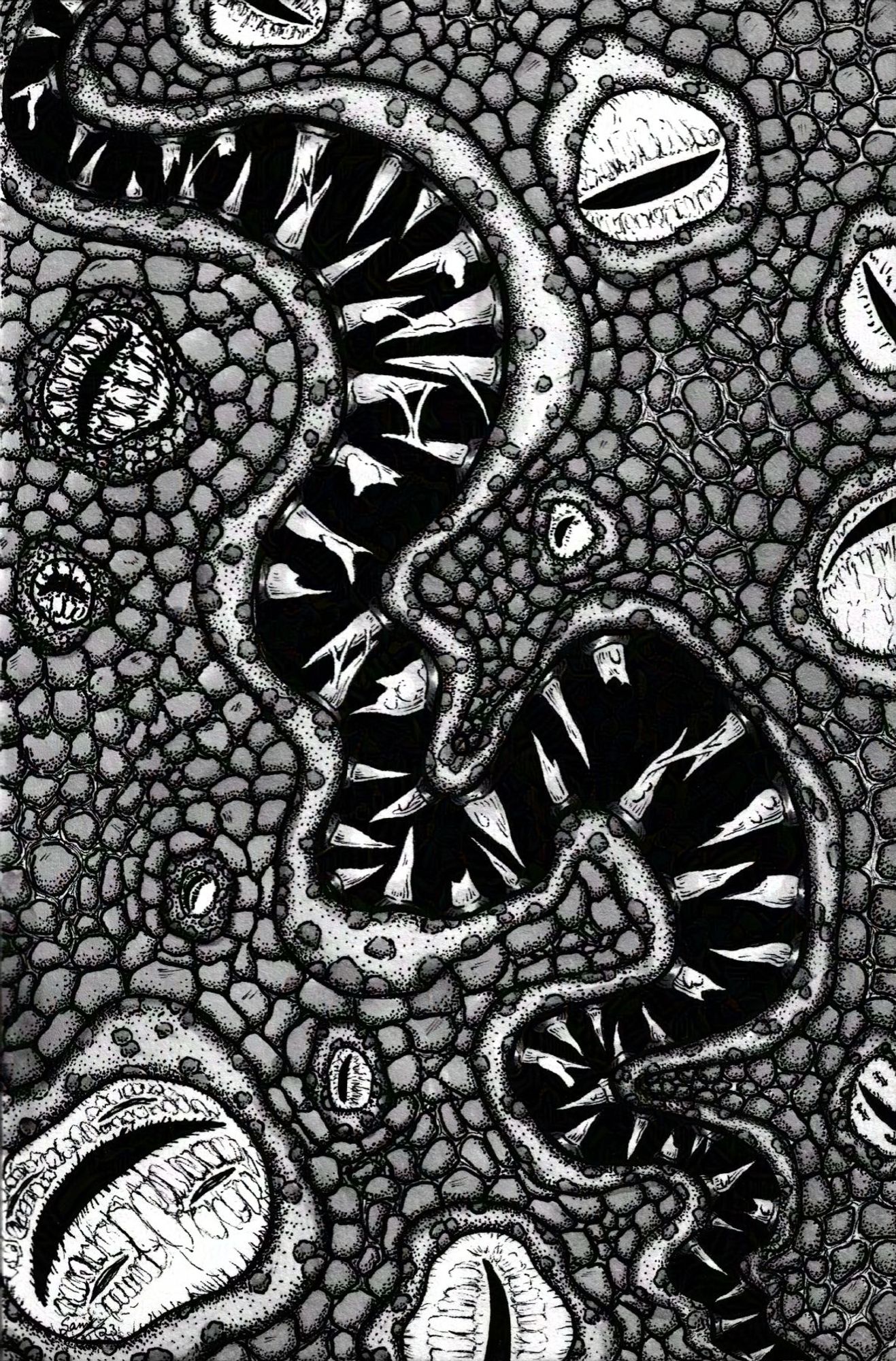 Black and white traditional are drawing done in pen and grey toned marker. there is a twisting cavernous mouth full of saliva-slathered teeth winding from top left to bottom right corner of the page. Many eyeballs in various sizes with slit-like pupils surround the mouth on either side, the spaces between filled with scales. 
I named him Gerald.

Art Tags: #Art #TraditionalArt #Copics #InkPen #HorrorArt