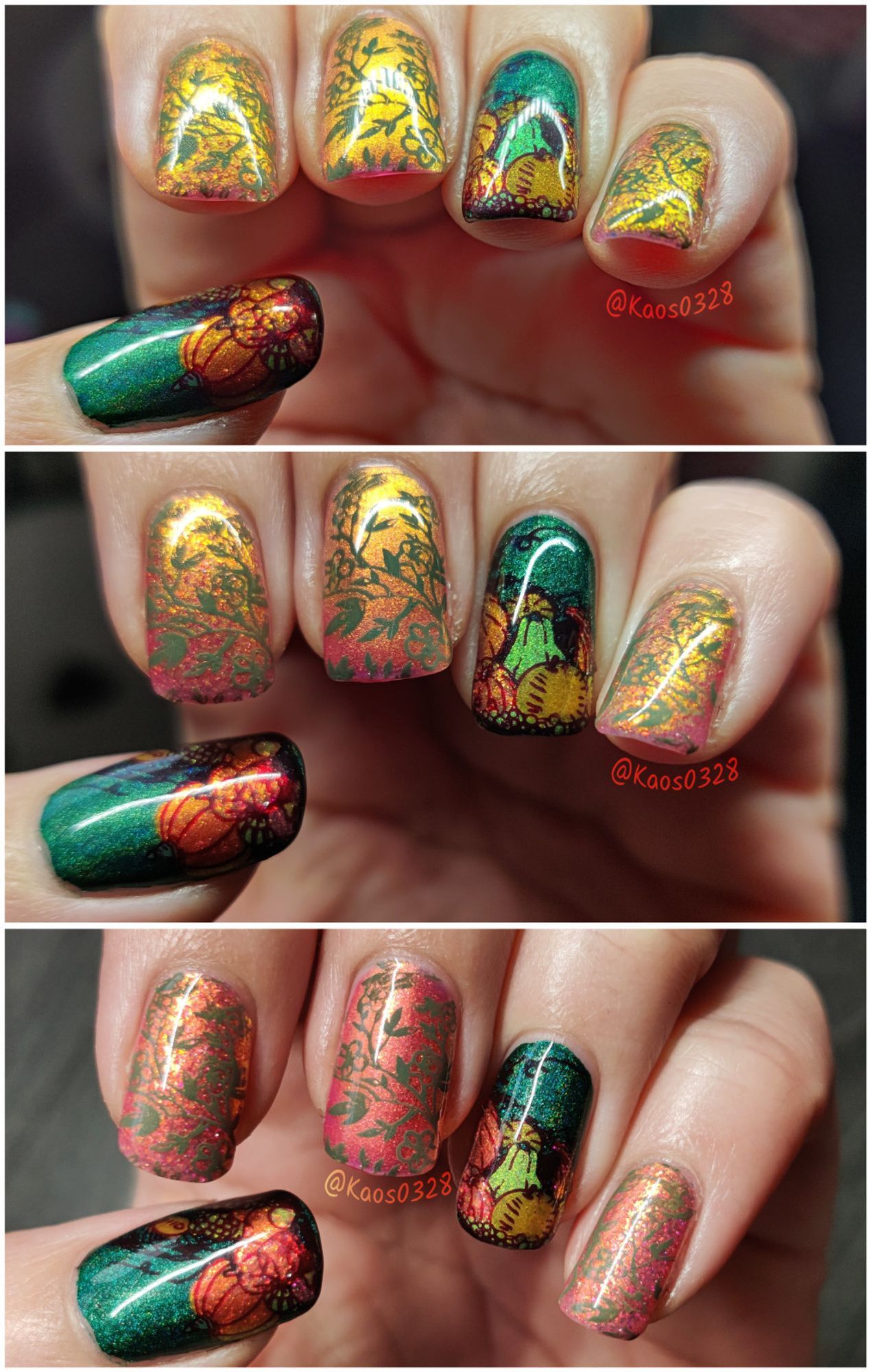 Photos of Kaos' nails, 3 pics from top to bottom to show the colour shift of the golden/red on pointer, middle, and pinky fingers which are also stamped over with a light olive green vine pattern. The ring and thumb fingers are painted a deep forest green with a holographic sheen, and on top of them are painted a pile of pumpkins and other gourds in shades of oranges and greens all of which are also sparkly in some way
Art Tags: #Art #NailArt