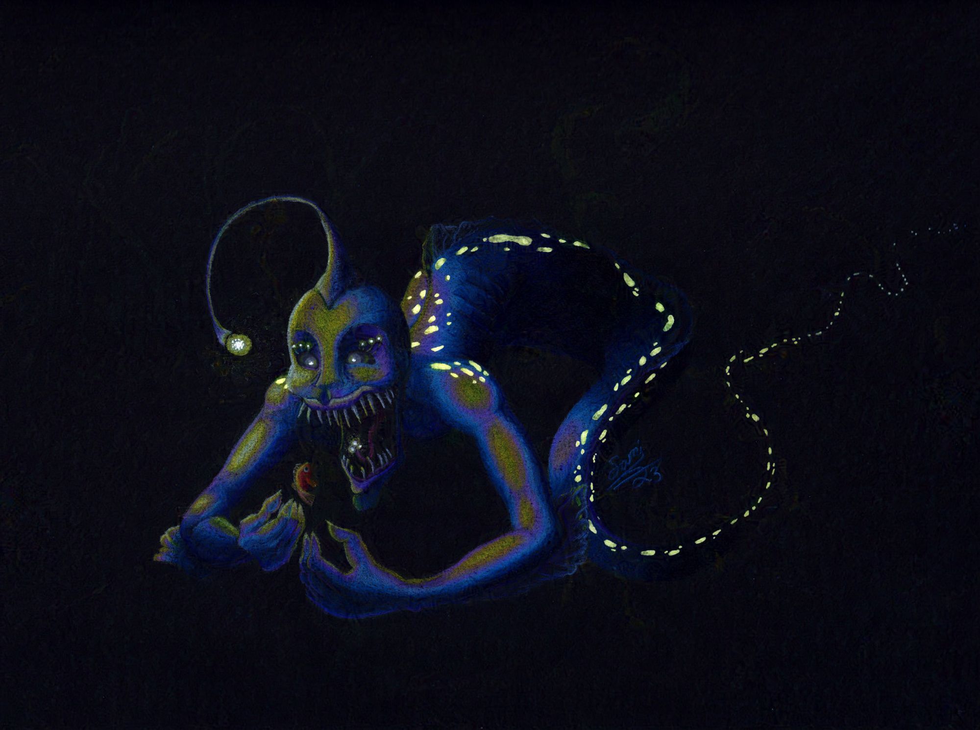 Traditional art of a scary deep sea mermaid based on an angler fish with glowing bioluminescent spots all along it's back. It's poised to attack it's prey, a small orange fish... Drawn with coloured pencil and paint pens on black paper