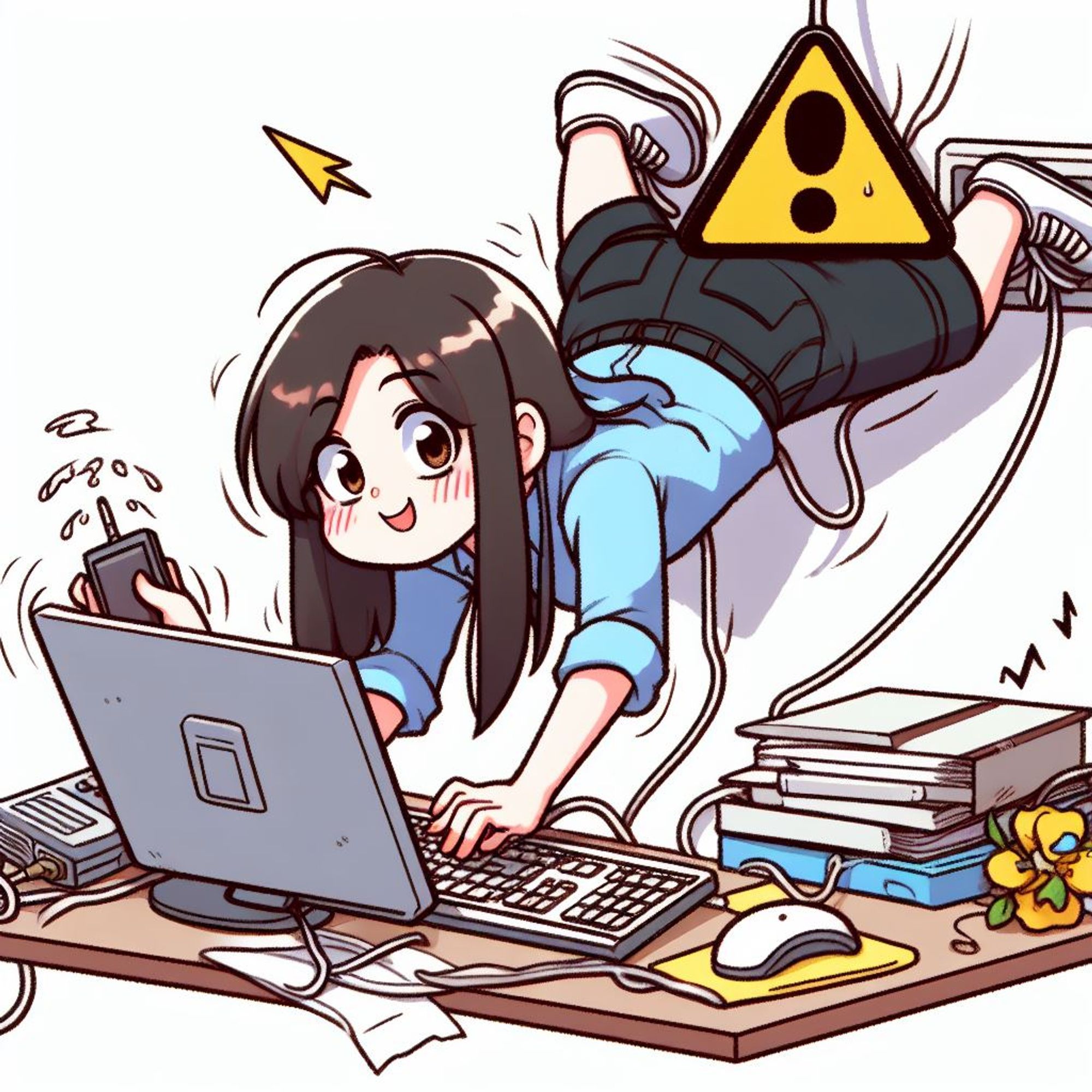 A cartoon of a woman wearing cargo shorts, blue shirt with rolled up sleeves, and white tennis shoes, suspended precariously while using a computer at a desk. Her torso is facing the ground, feet are slightly above her head, and she is facing the computer screen. She is apparently hanging from a cable which curls all around the desk. There is a large error sign with an exclamation point on a yellow triangle sitting on her thigh. The desk with the computer is messy with books, flowers, and the aforementioned cables. She is apparently holding an older cellular phone or other wireless device with an antenna.