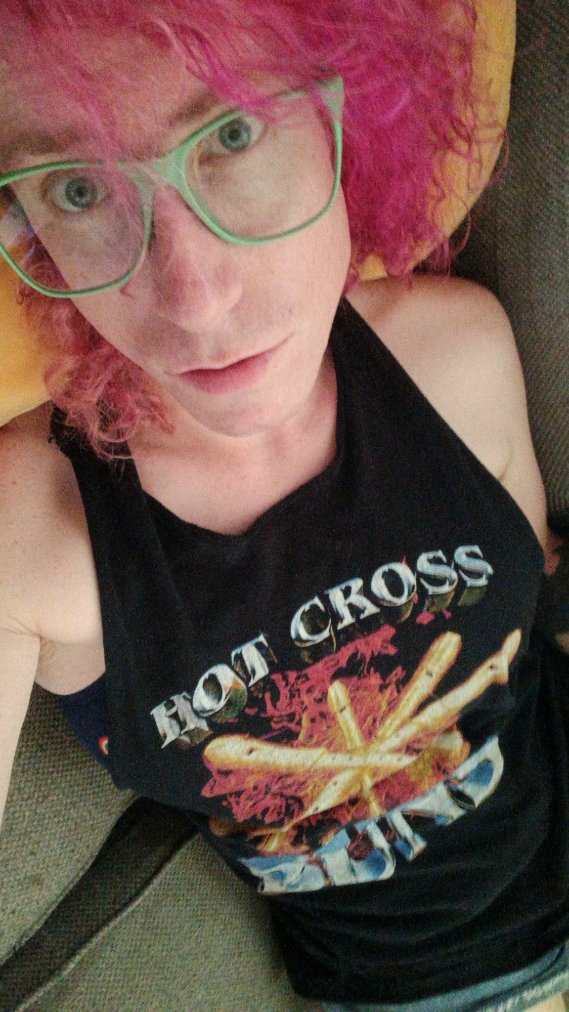 Rynne in a cut hot cross buns tee with flaming recorders across