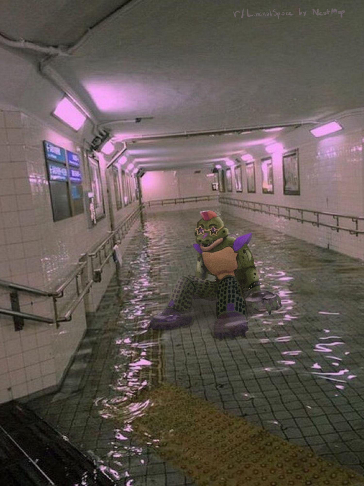 Underground subway hall which is flooded. Monty is just sitting in the water, like an idiot.