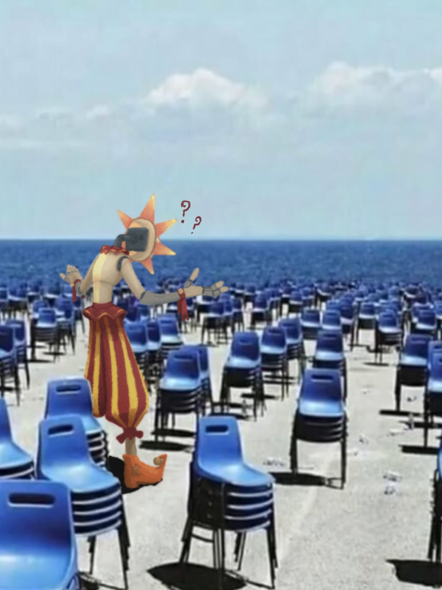 Sun standing confused, outside on a slightly cloudy day. He is surrounded by a sea of blue stacked chairs.