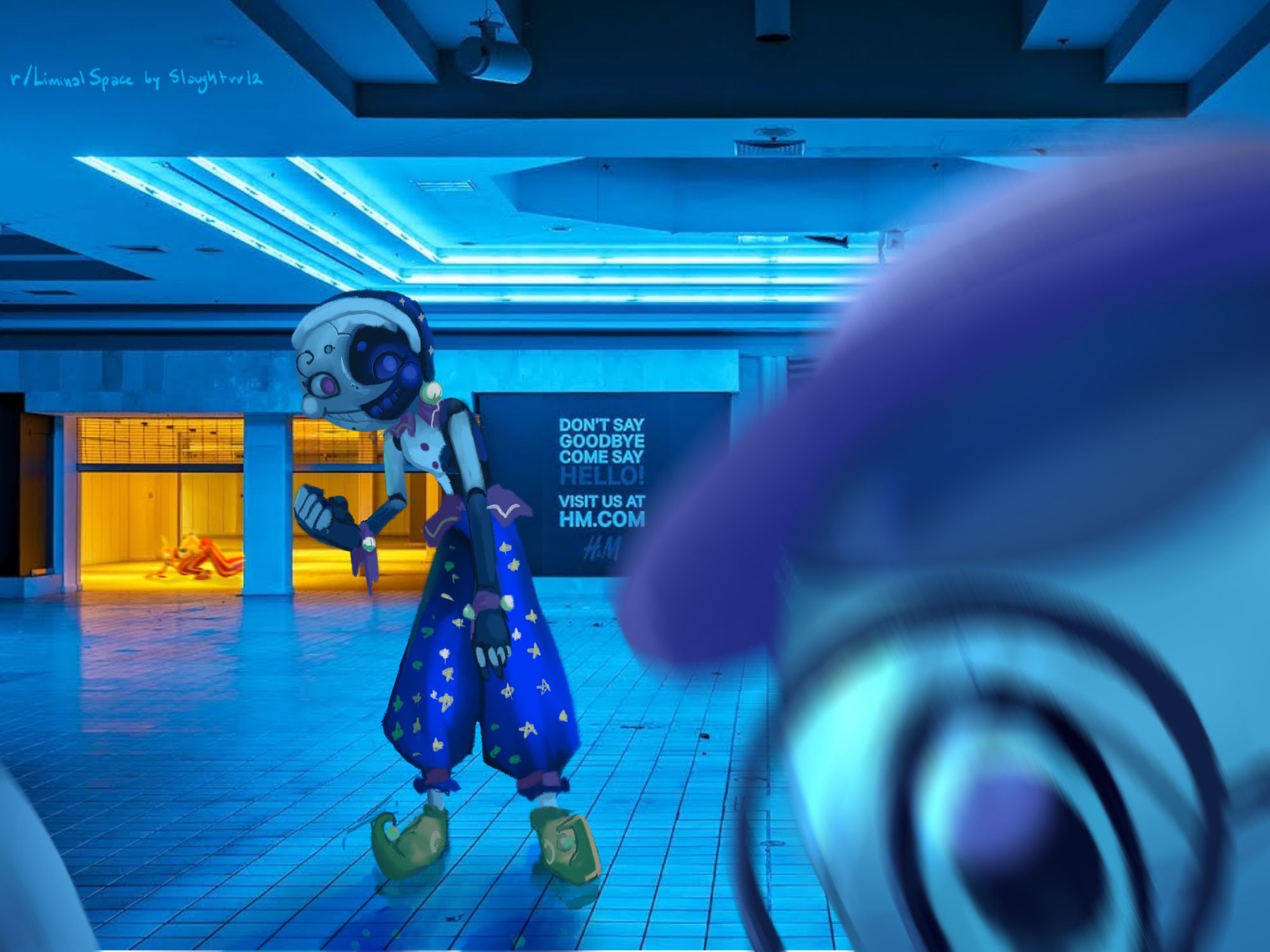 An abandoned mall lit in blue. Moon is standing the the middle and map bot is in the foreground, blurred by their fast motion. Sun is seen scampering on all fours in the back in a yellow lit hall.