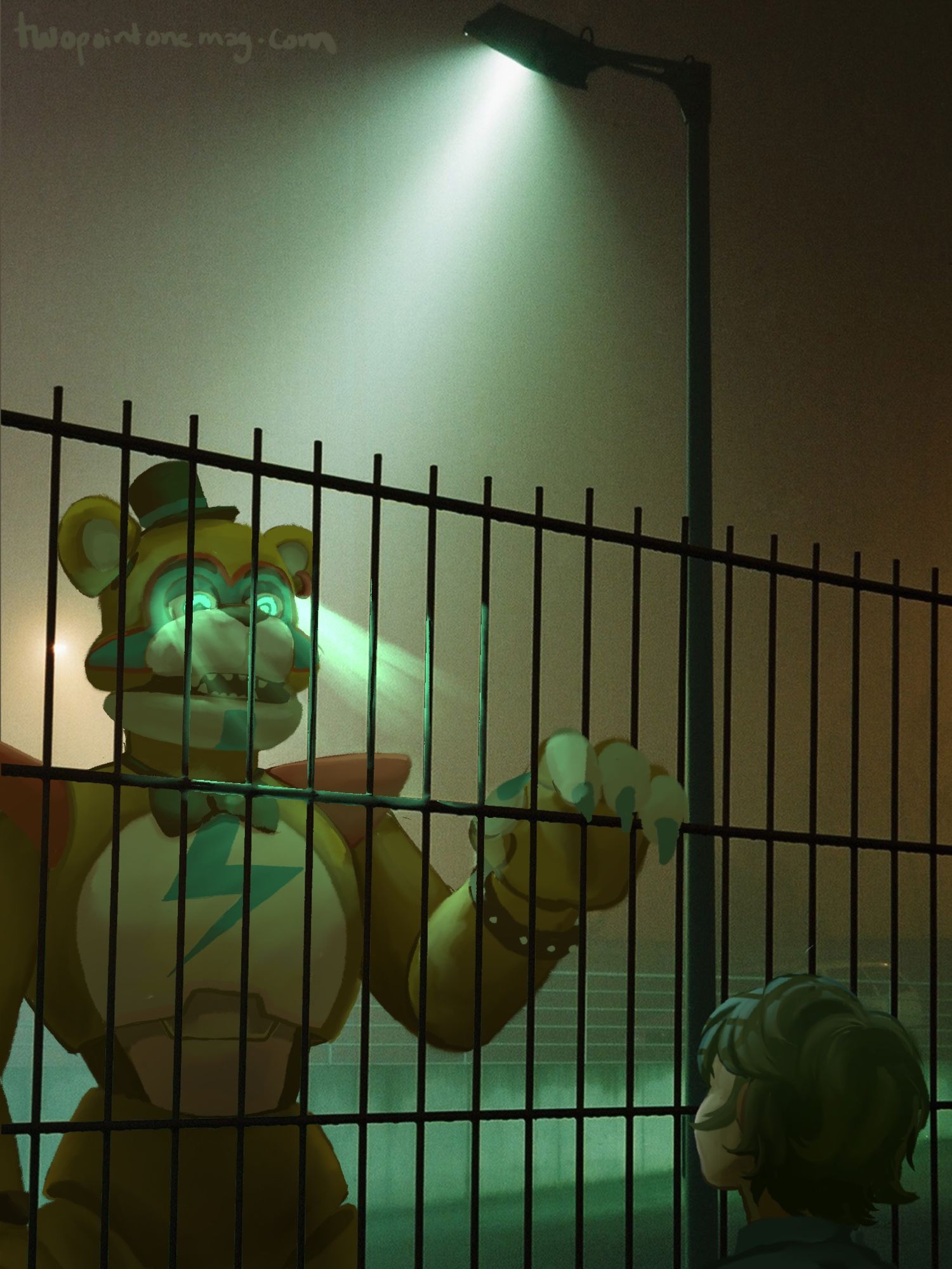 Freddy behind a fence looking over to Gregory on the other side. Freddy’s eyes are glowing. It is dim and foggy with a green hue in the environment lit mostly by two street lamps.