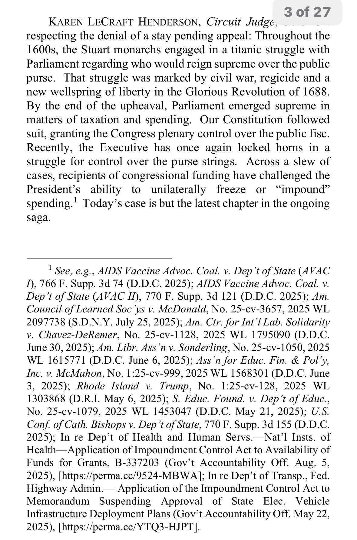 This is a screenshot of an opinion by Karen LeCraft Henderson on the President’s ability to take down a public database.