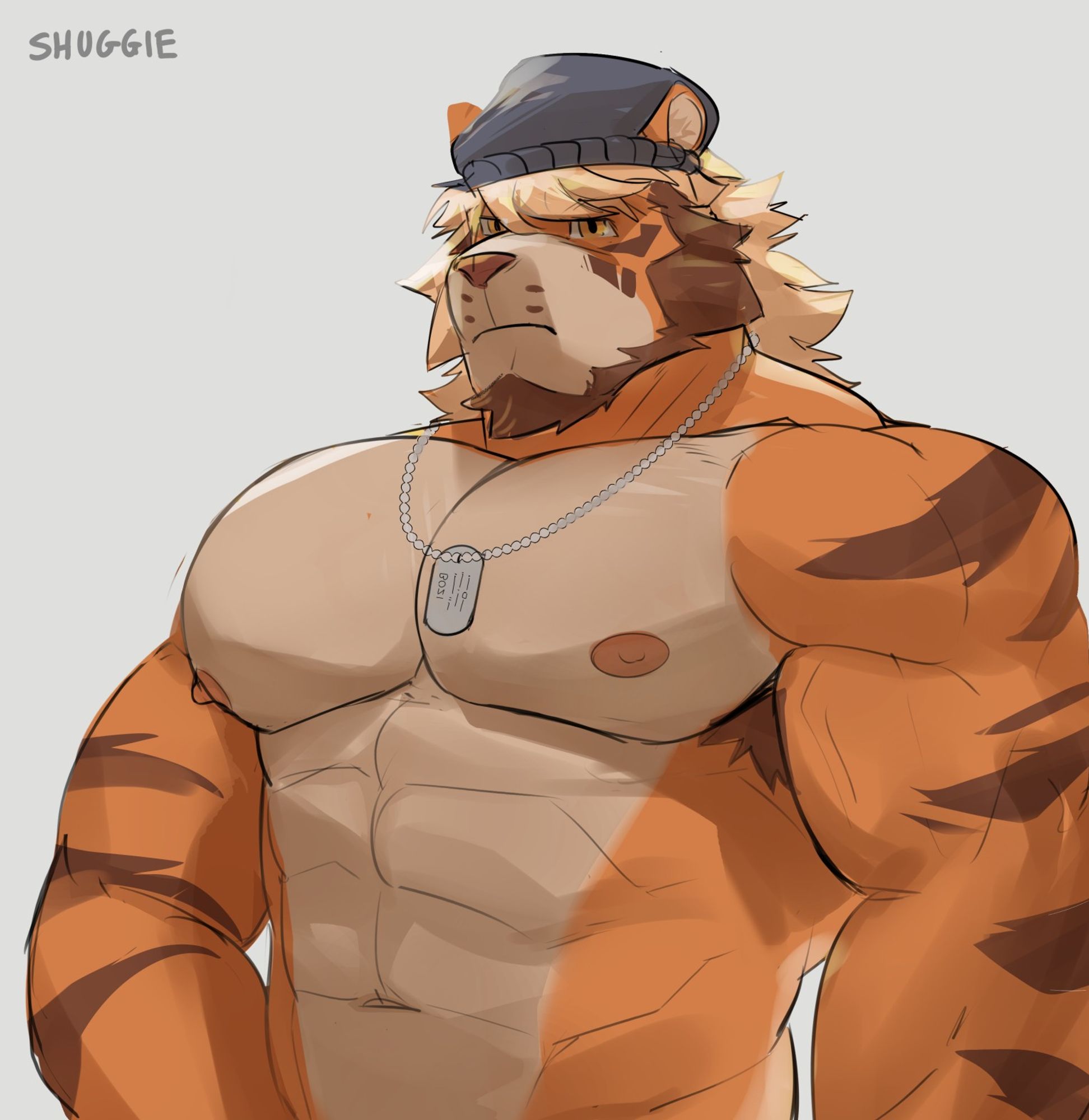 An anthropomorphic tiger standing with his right arm resting on his side, wearing a dog tag and a blue benie