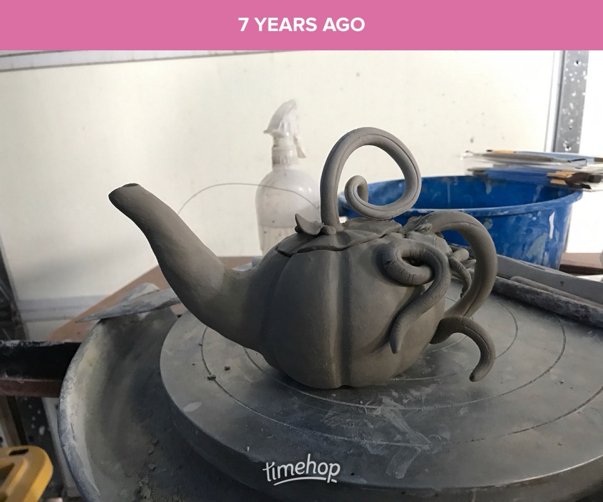 A Timehop from seven years ago of a greenware pumpkin-shaped teapot.