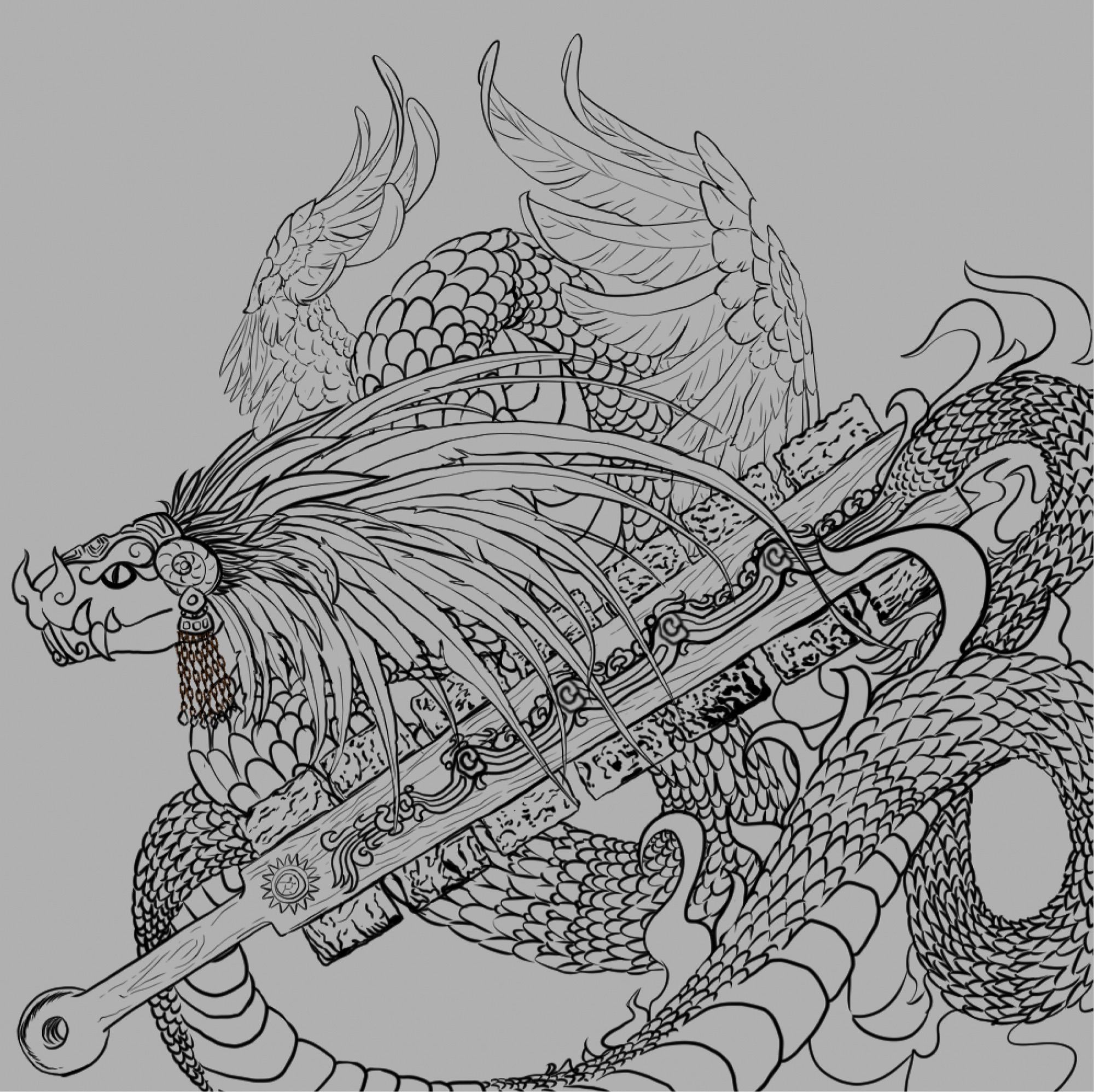 A WIP digital drawing of a Macuahuitl with Quetzalcoatl coming to life off of it. Done in CSP.